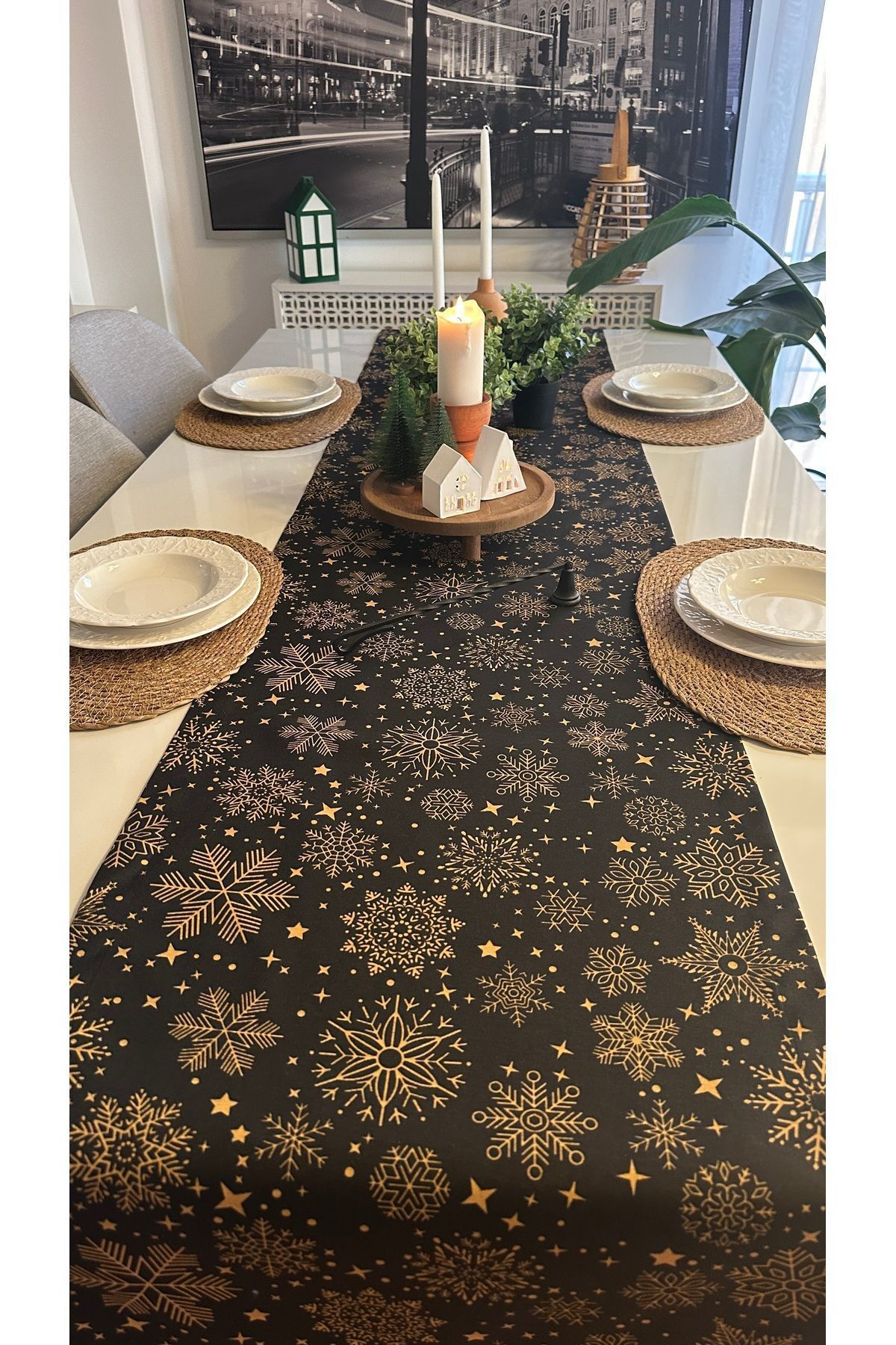 Yeni Yıl Temalı Siyah Runner Yılbaşı Masası Yılbaşı Runner