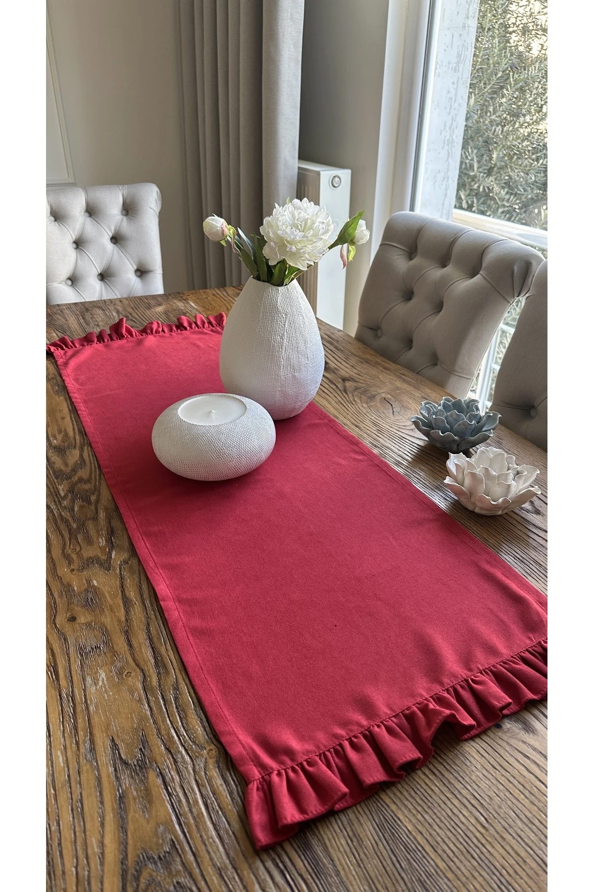 Vintage Tek Kat Fırfırlı Kırmızı Runner Yeni Yıl Runner Yılbaşı Leke Tutmaz