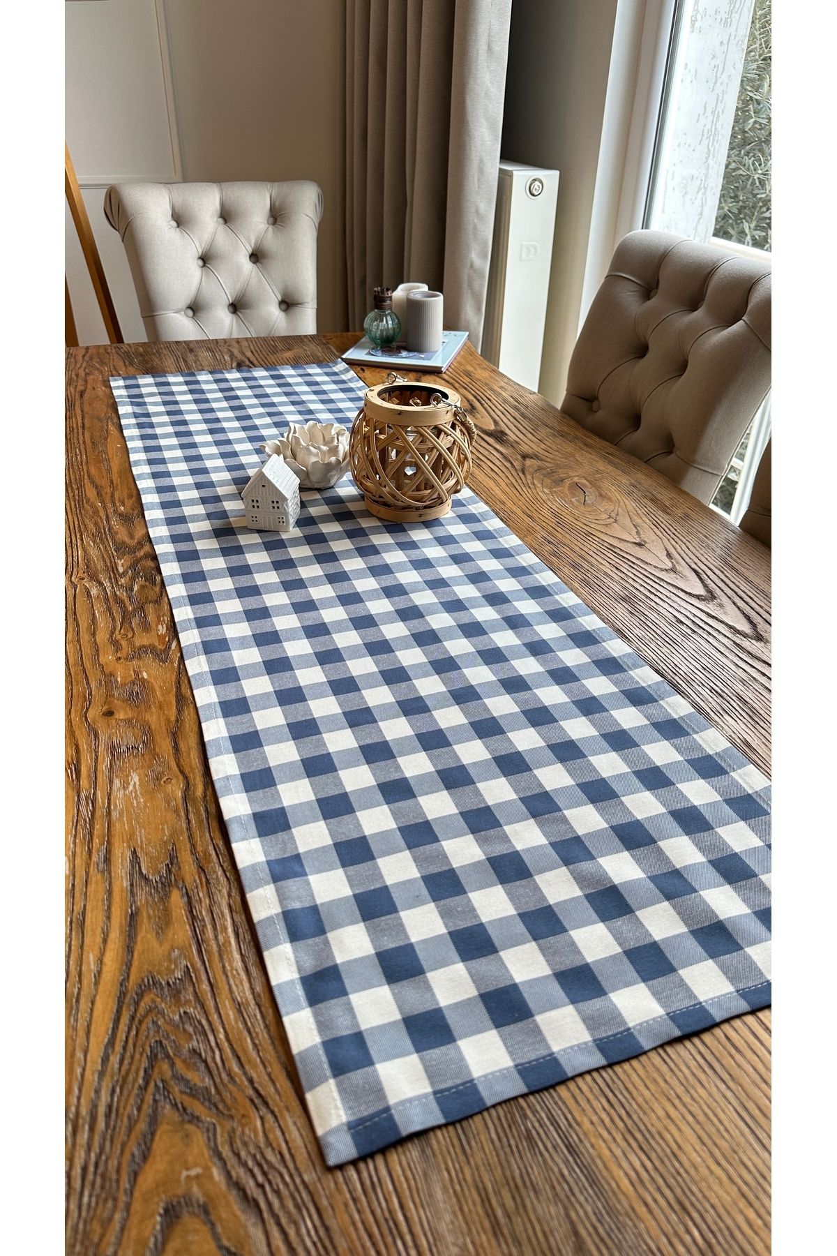 Kareli Mavi Beyaz Keten Dertsiz Runner