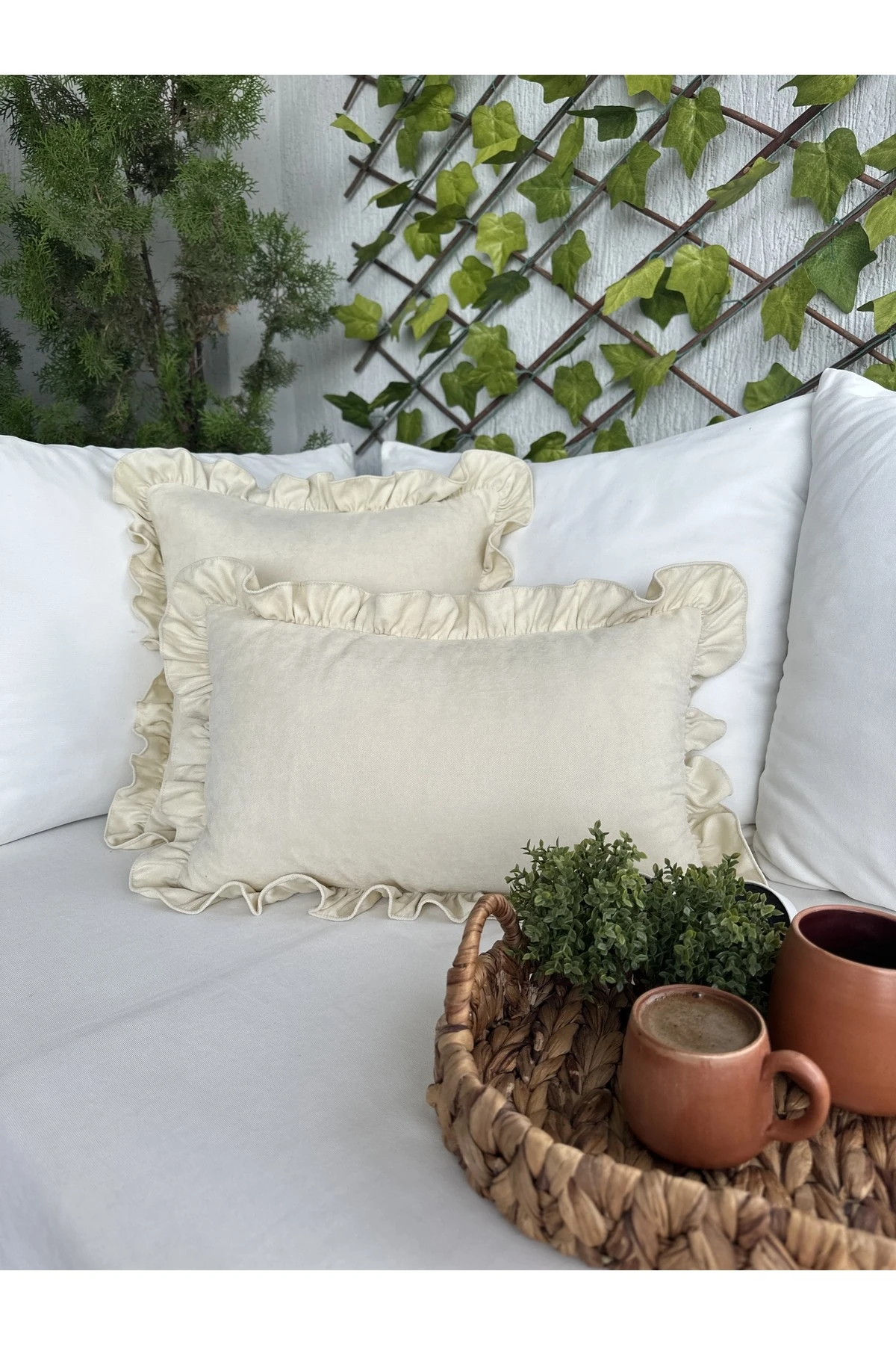 Vıntage Fırfırlı Fil Dişi Rengi Kırlent Kılıfı 1 Ad