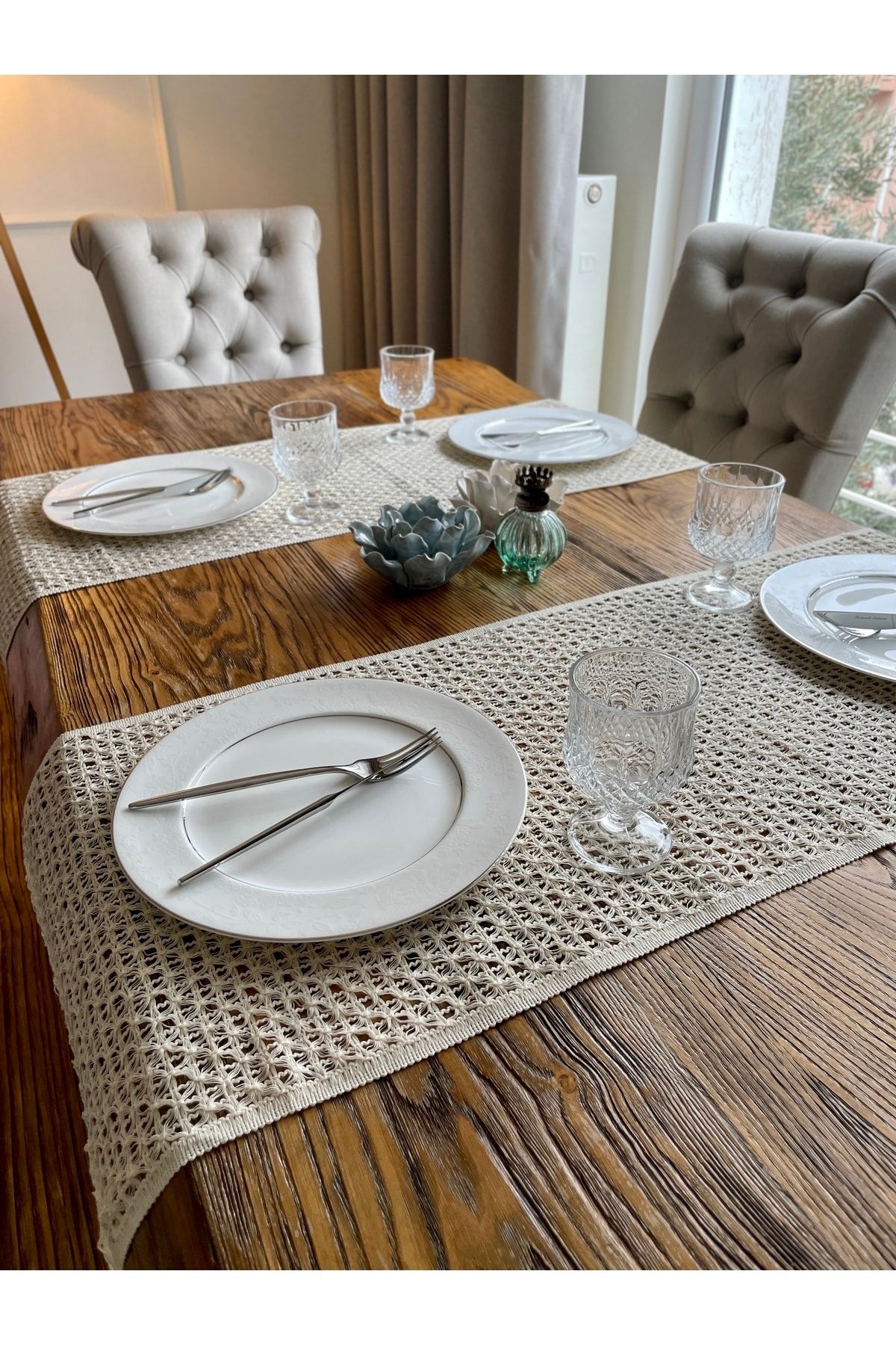 Bohem Örgü Dantel Püsküllü Ekru Runner