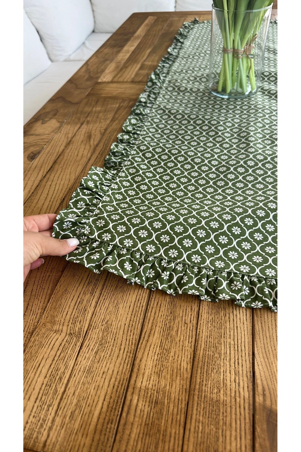 Papatya Desen Yeşil Tam Fırfırlı Runner