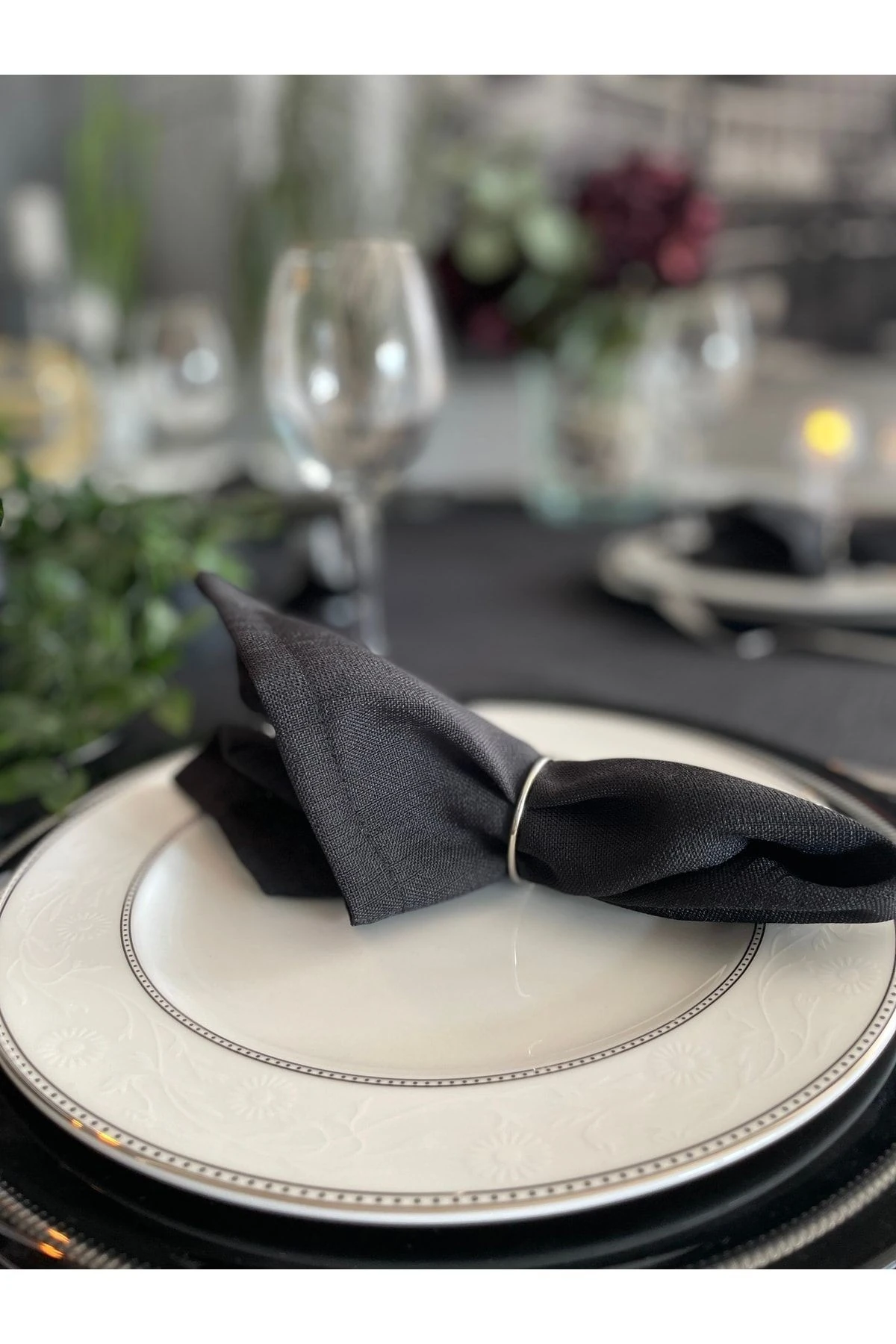 Keten Dokulu Siyah Peçete 6 Adet