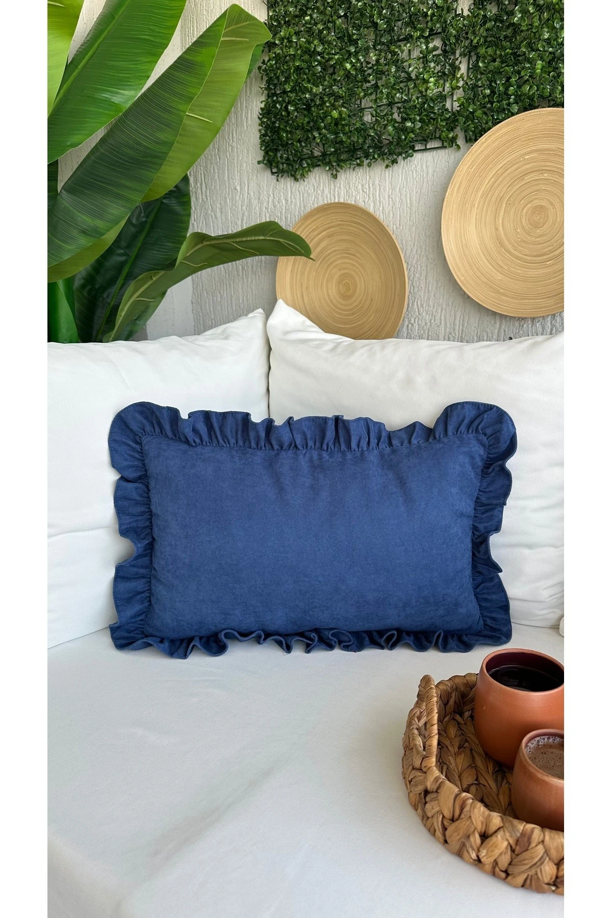 Kadife Dokulu Vıntage Fırfırlı Gece Mavisi Kırlent Kılıfı 1 Ad