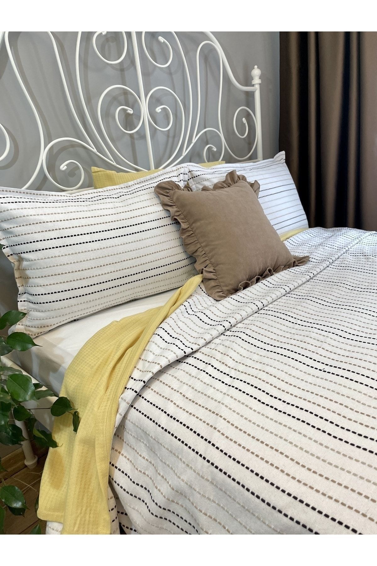 Linea Bej Yatak Örtüsü Pike Takımı Set Çift Kişilik