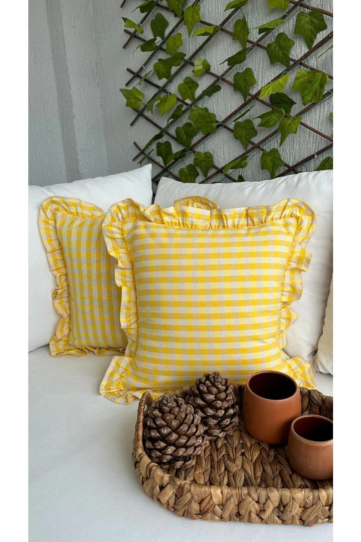 Keten Doku Vintage Pötikareli Fırfırlı Kırlent Kılıfı 3