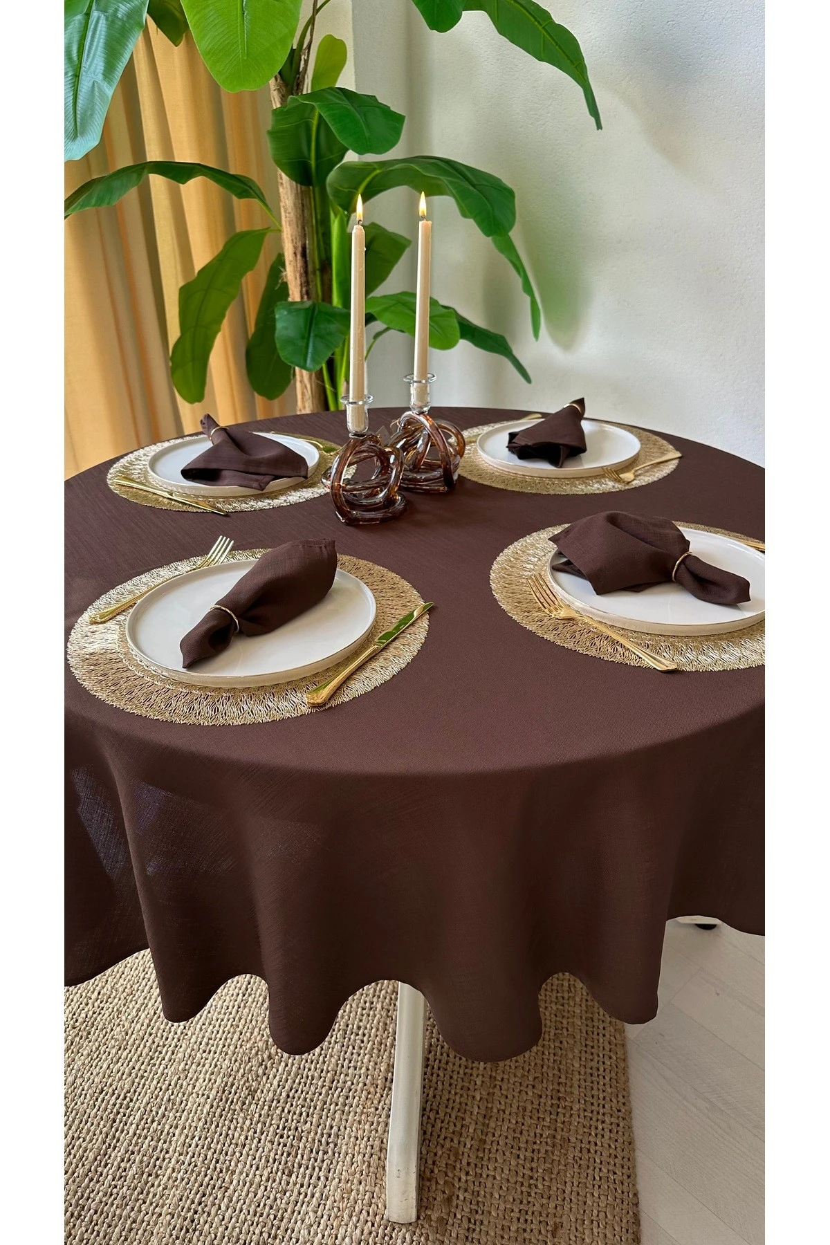 Keten Dokulu Yuvarlak Masa Örtüsü Düz Model - 4