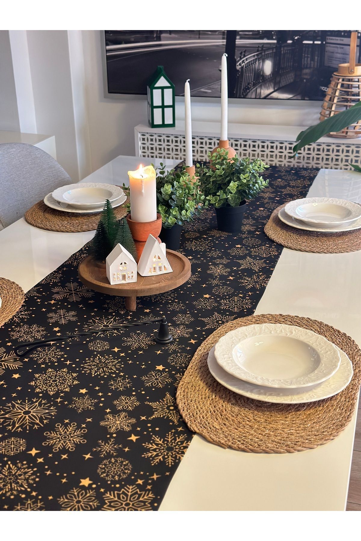 Yeni Yıl Temalı Siyah Runner Yılbaşı Masası Yılbaşı Runner