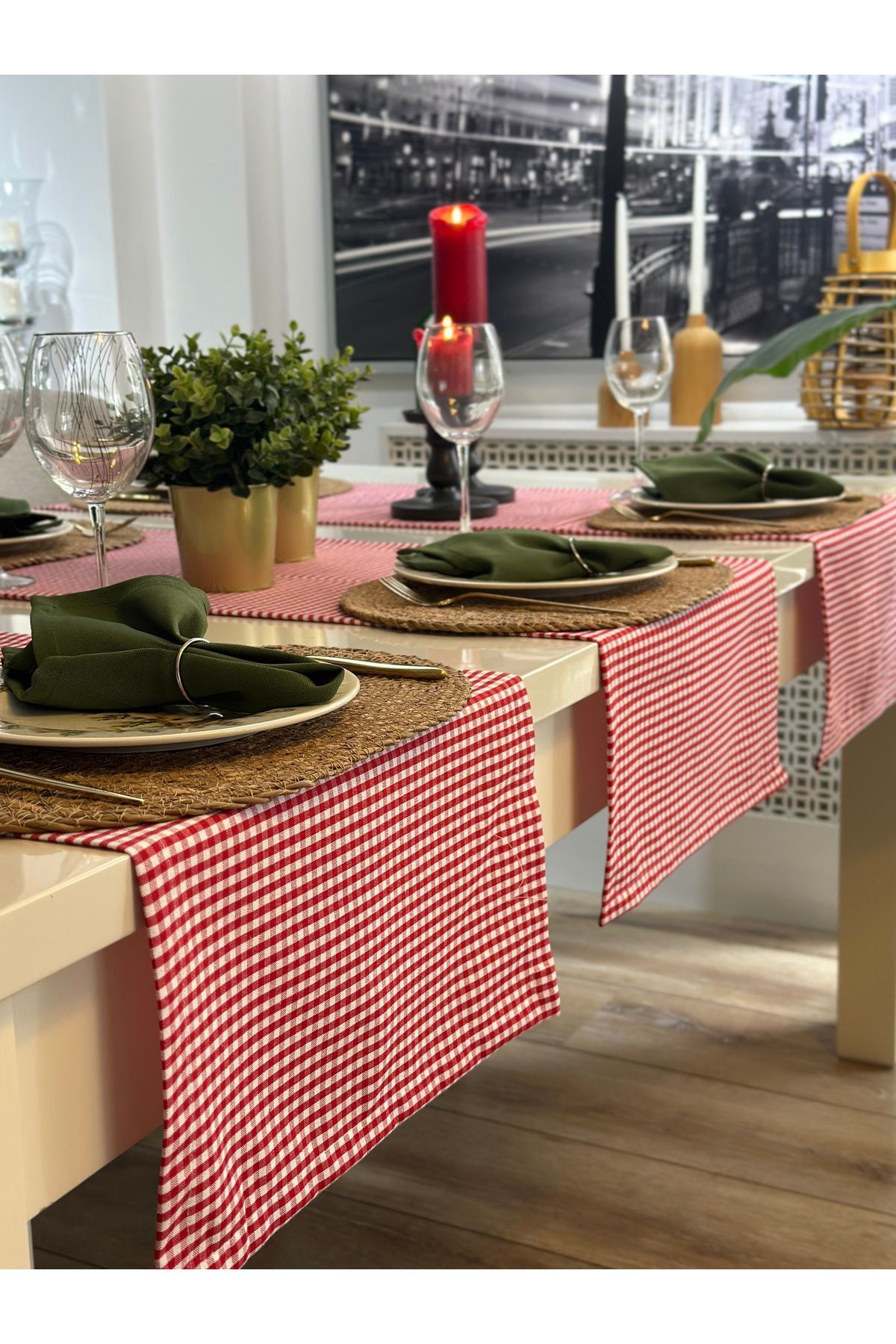 Pamuk Keten Mini Pötikare Dertsiz Kırmızı Kısa Runner Yılbaşı Runner