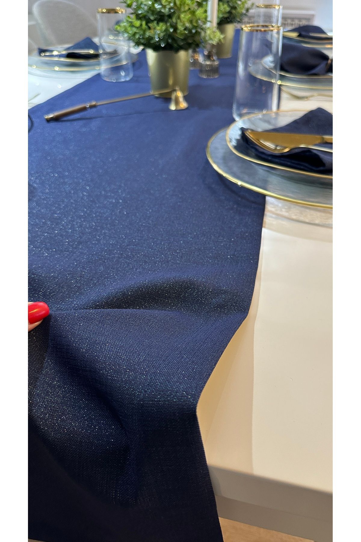 Keten Dokulu Simli Lacivert Uzun Runner