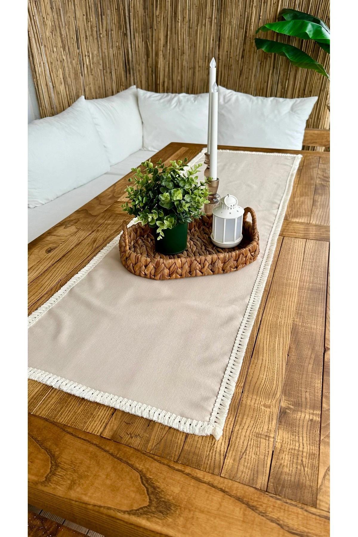 Püskül Detaylı Bej Runner 40 x 130 cm Leke Tutmaz Kumaş