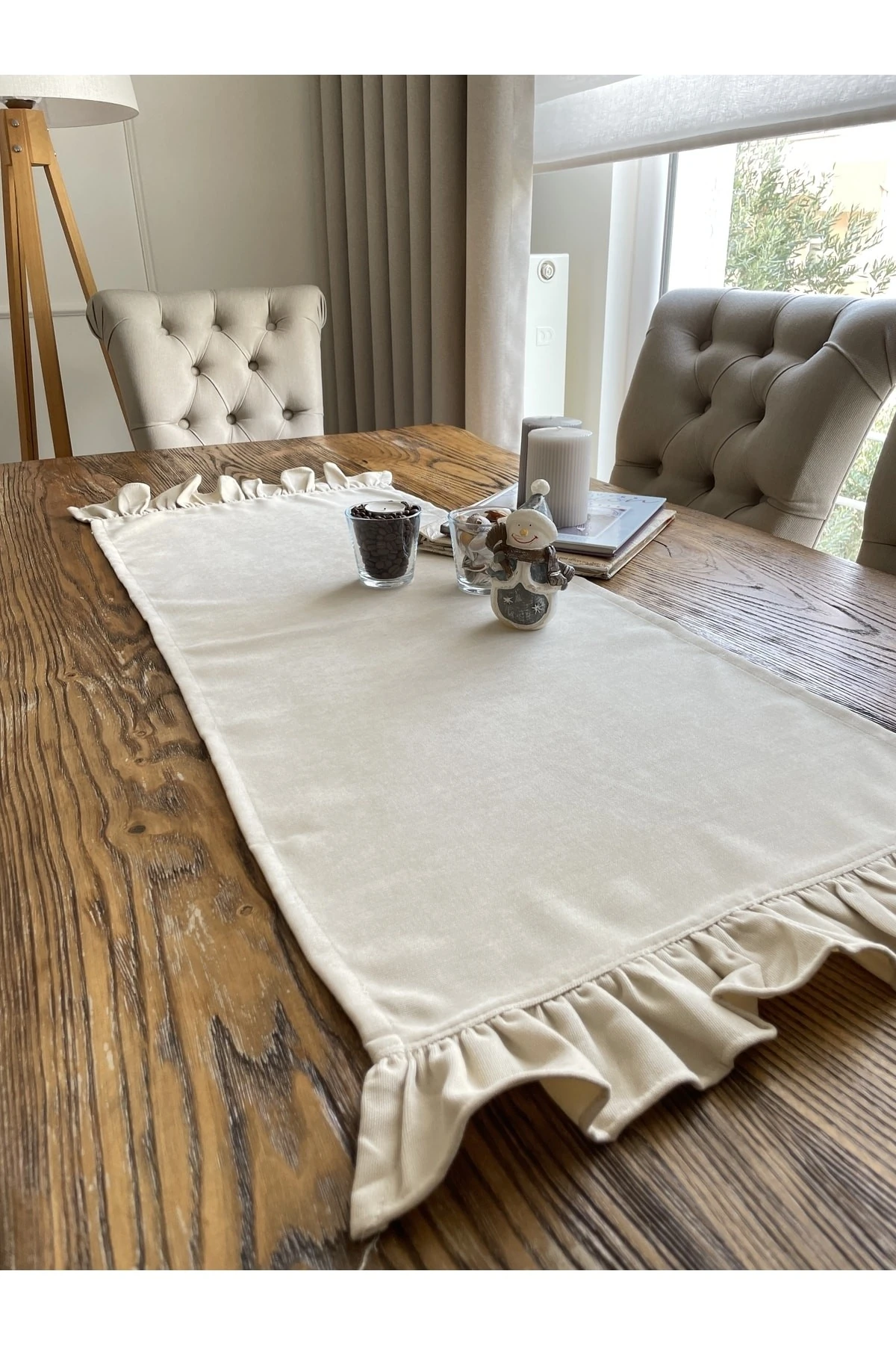 Vintage Kadife Dokulu Fırfırlı Runner Vanilya