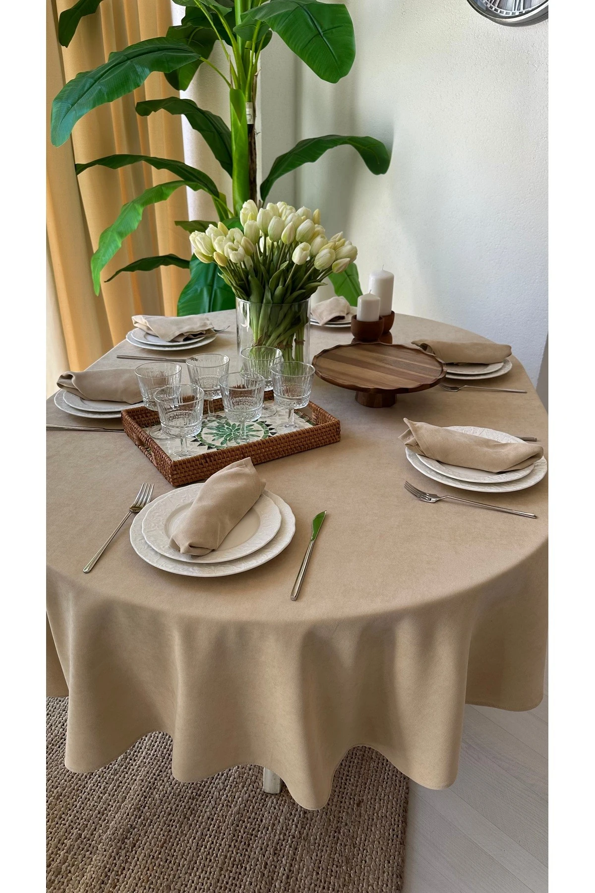Kadife Dokulu Dertsiz Oval Masa Örtüsü - 6