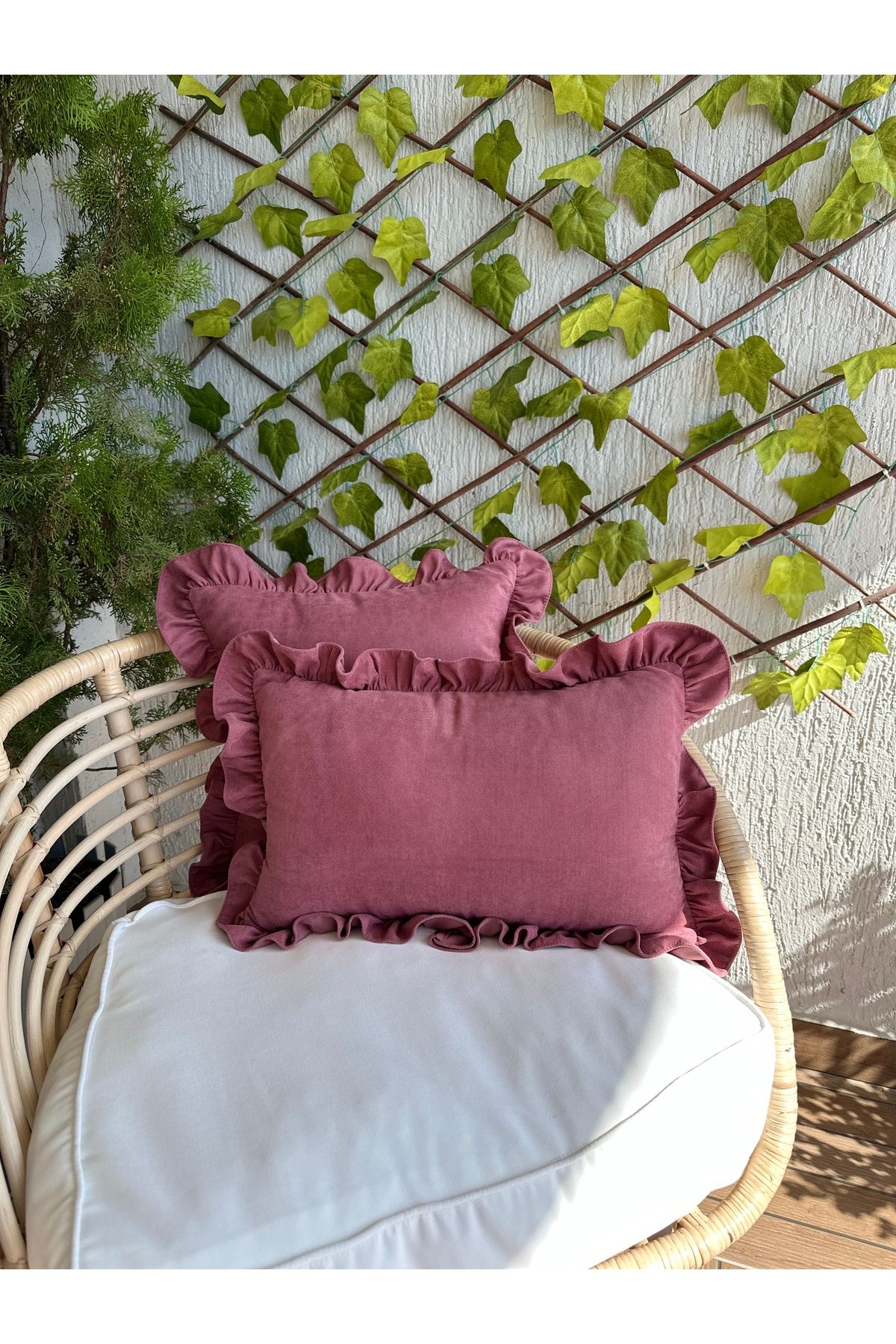 Vıntage Gül Kurusu Fırfırlı Kırlent Kılıfı