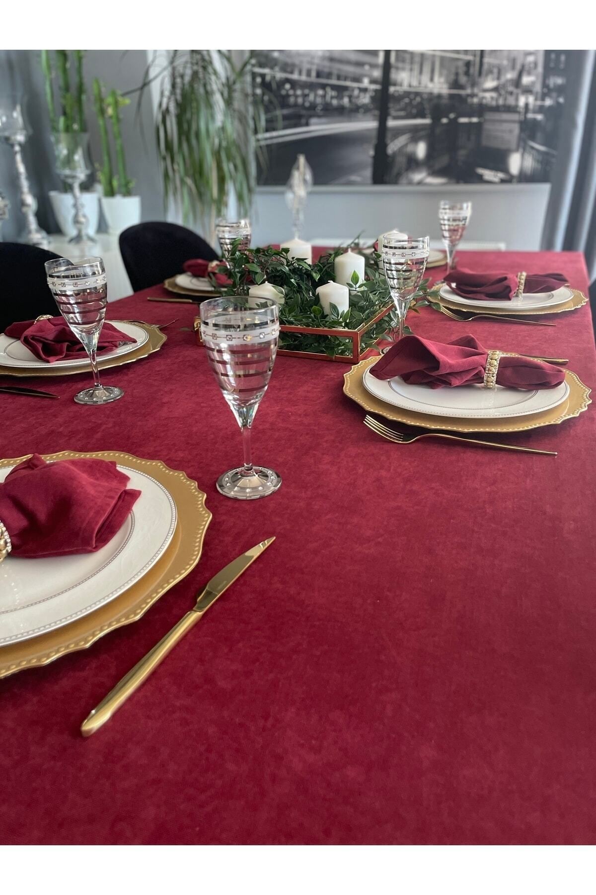 Kadife Dokulu Dertsiz Bordo Masa Örtüsü