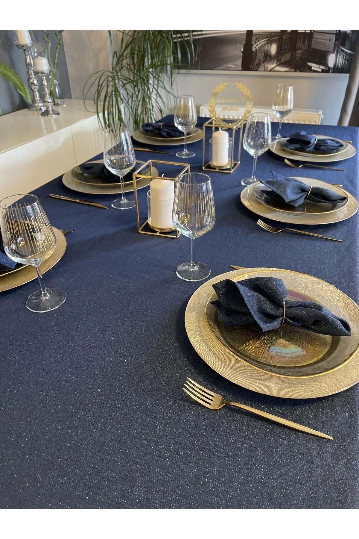 Keten Dokulu Simli Masa Örtüsü Düz Model