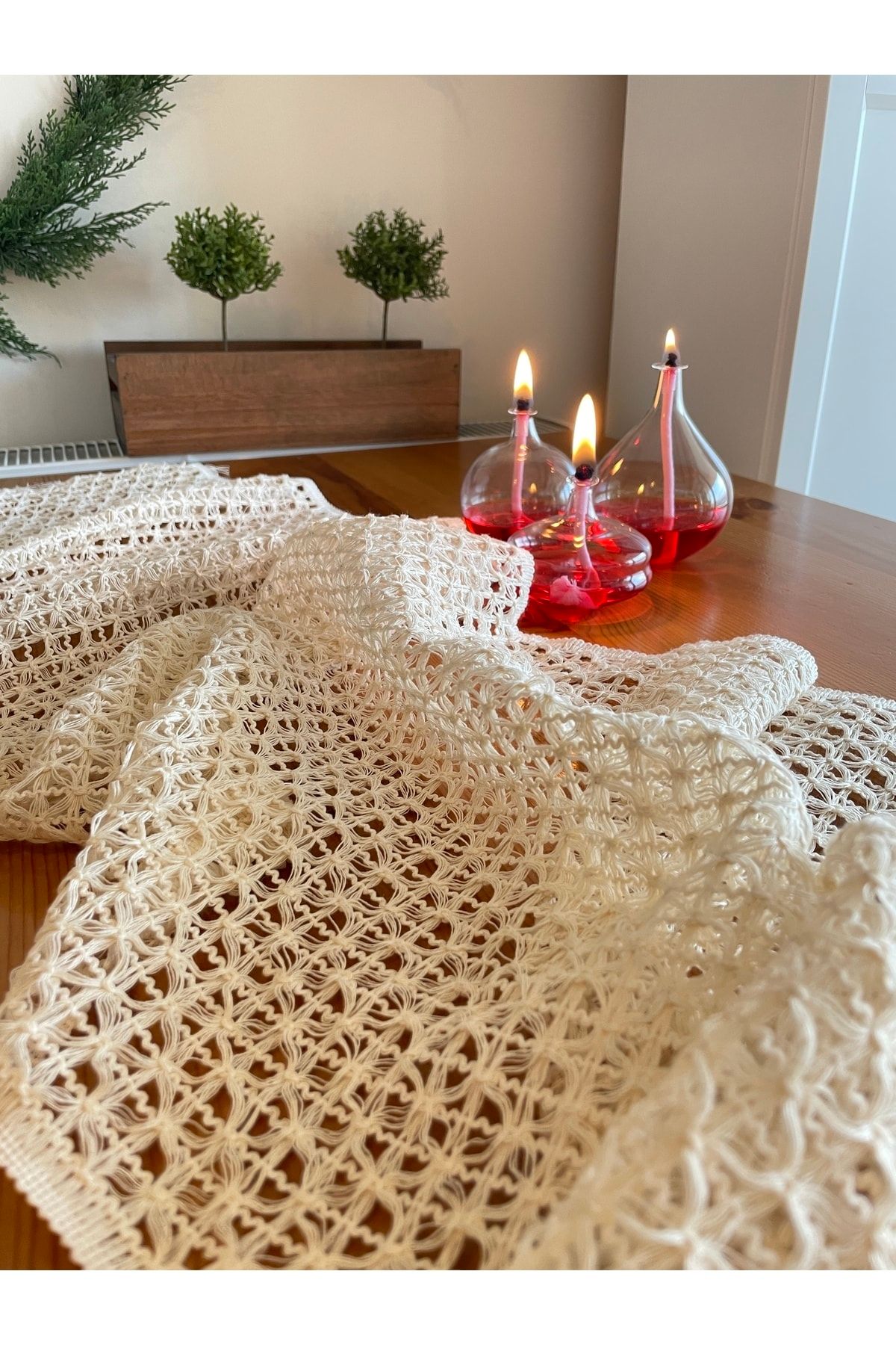 Bohem Örgü Dantel Püsküllü Ekru Runner