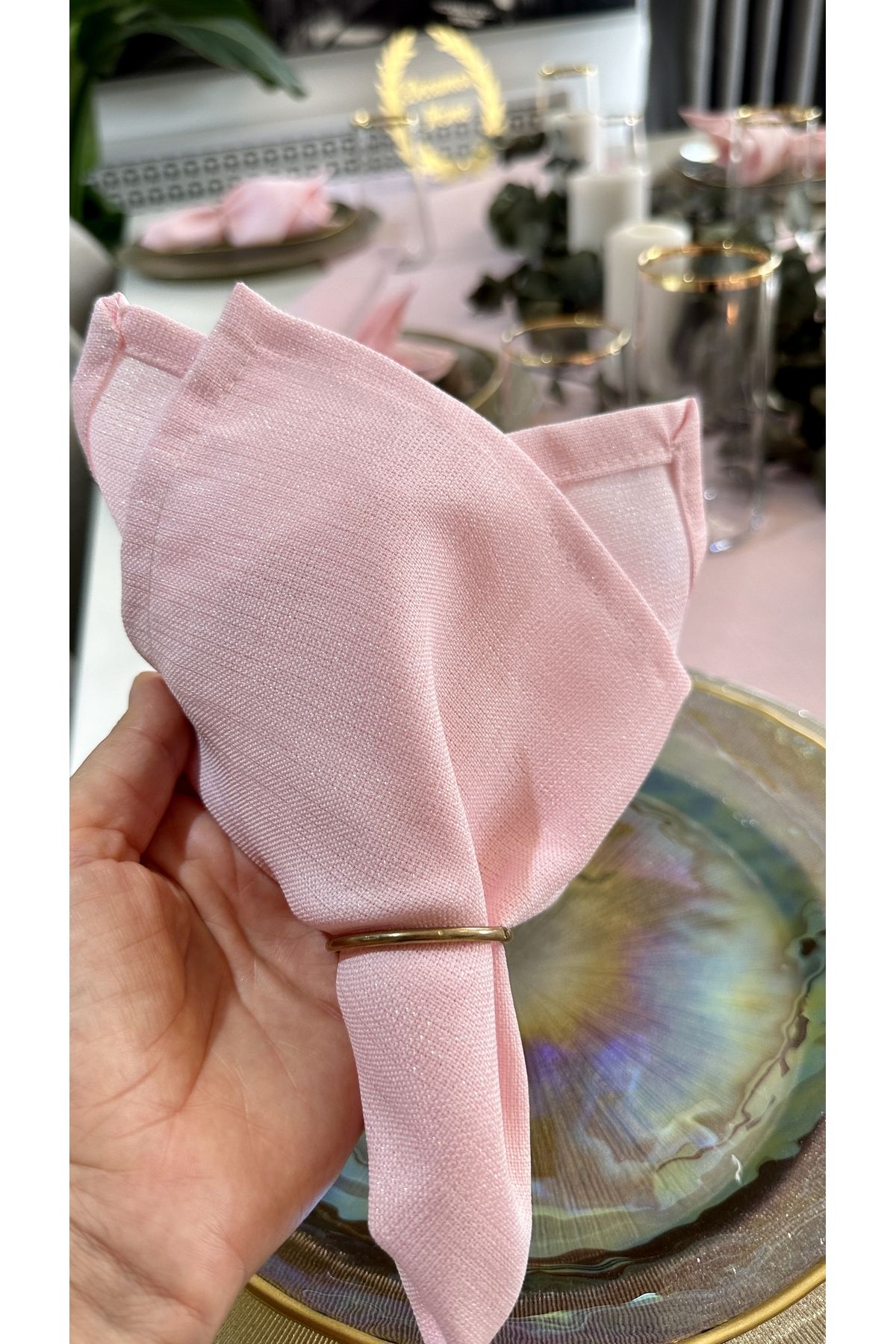 Dertsiz Simli Şeker Pembe Keten Dokulu Runner