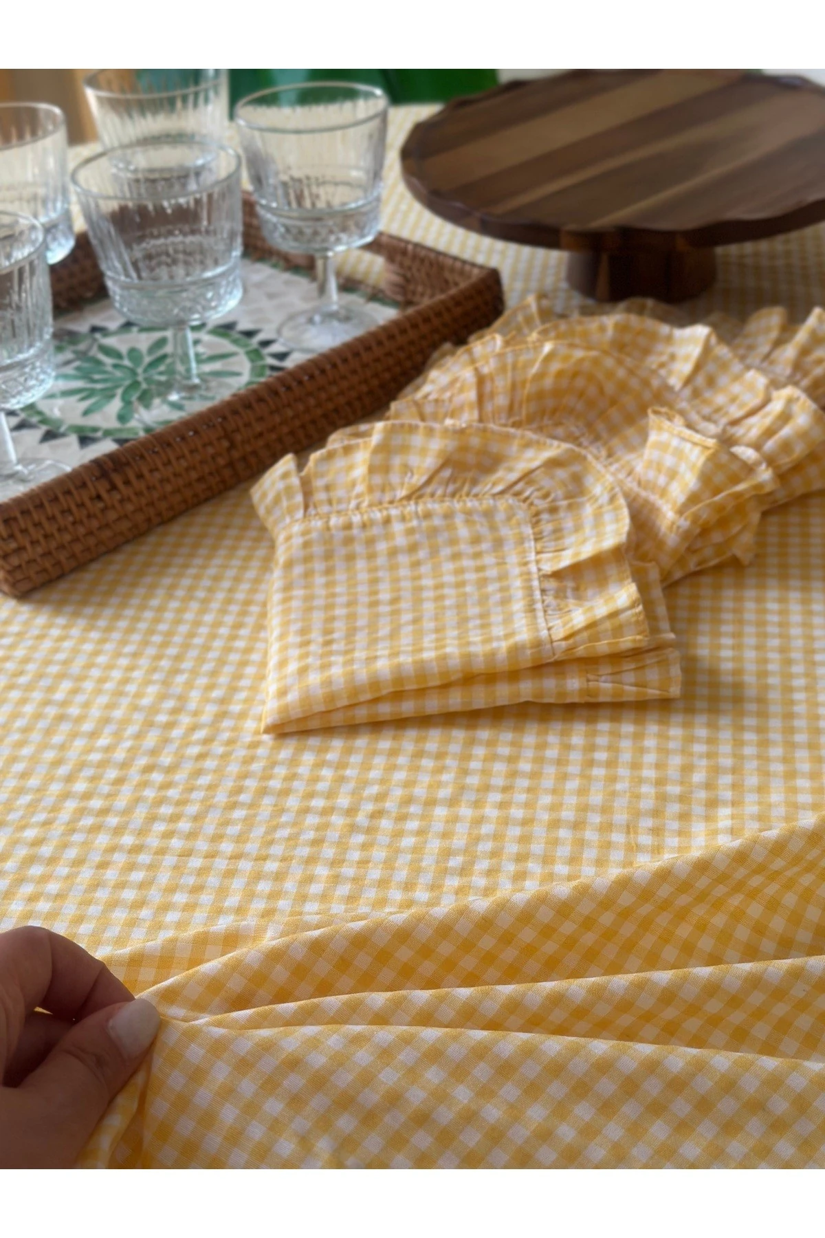 Thin Keten Kumaş 2’li Sarı Mini Pötikare Fırfırlı Peçete