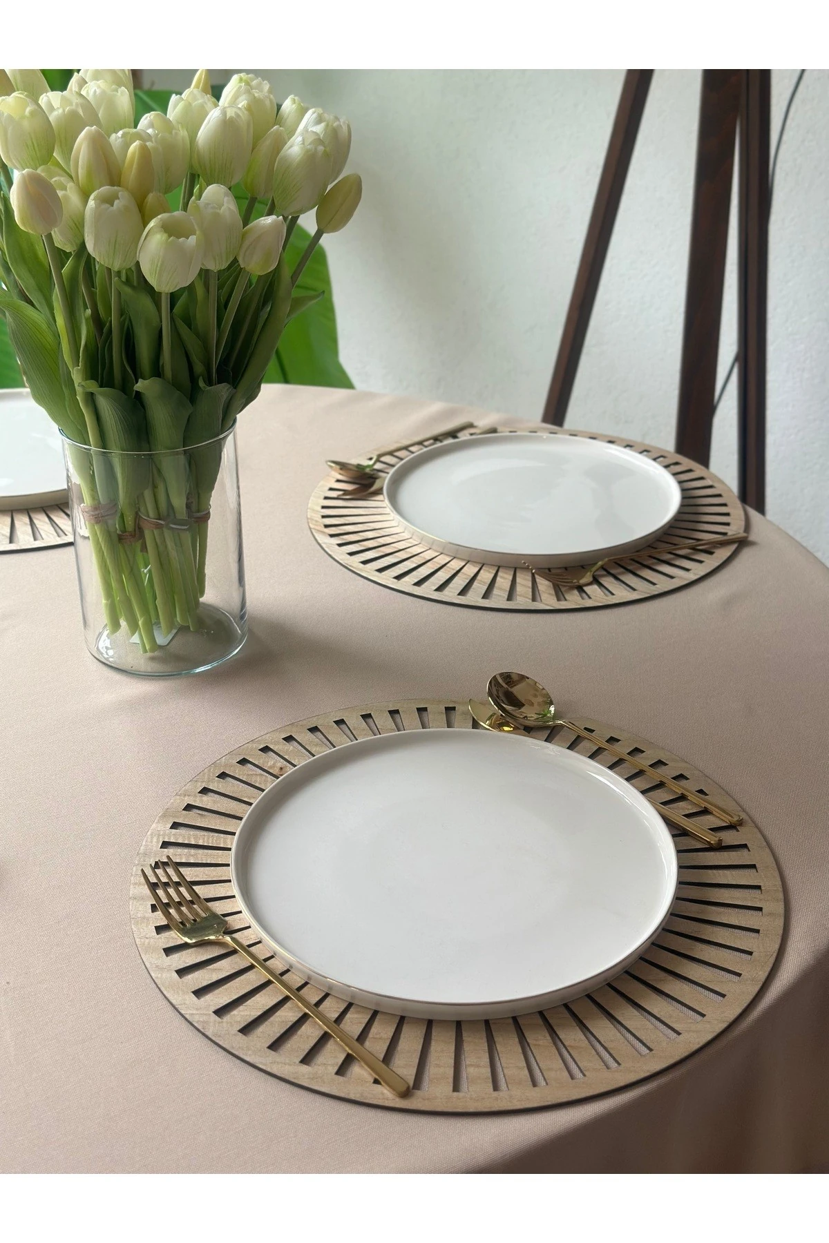 6 Ad Ahşap Çift Taraflı Amerikan Servis Bej Rengi Supla