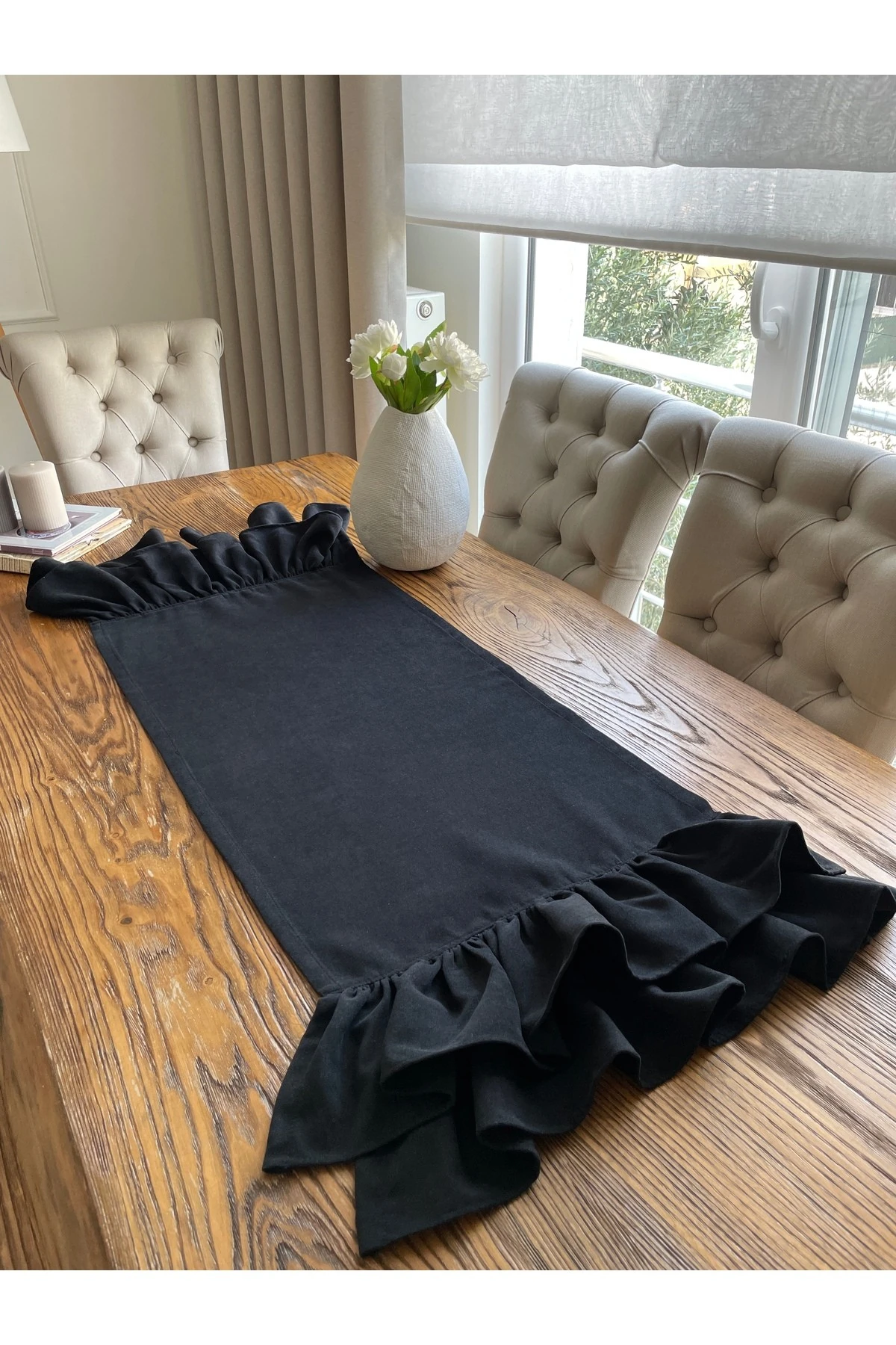 Lacivert Çiftkat Fırfırlı Kısa Sehpa Runnerı 40 x 80 cm - Siyah