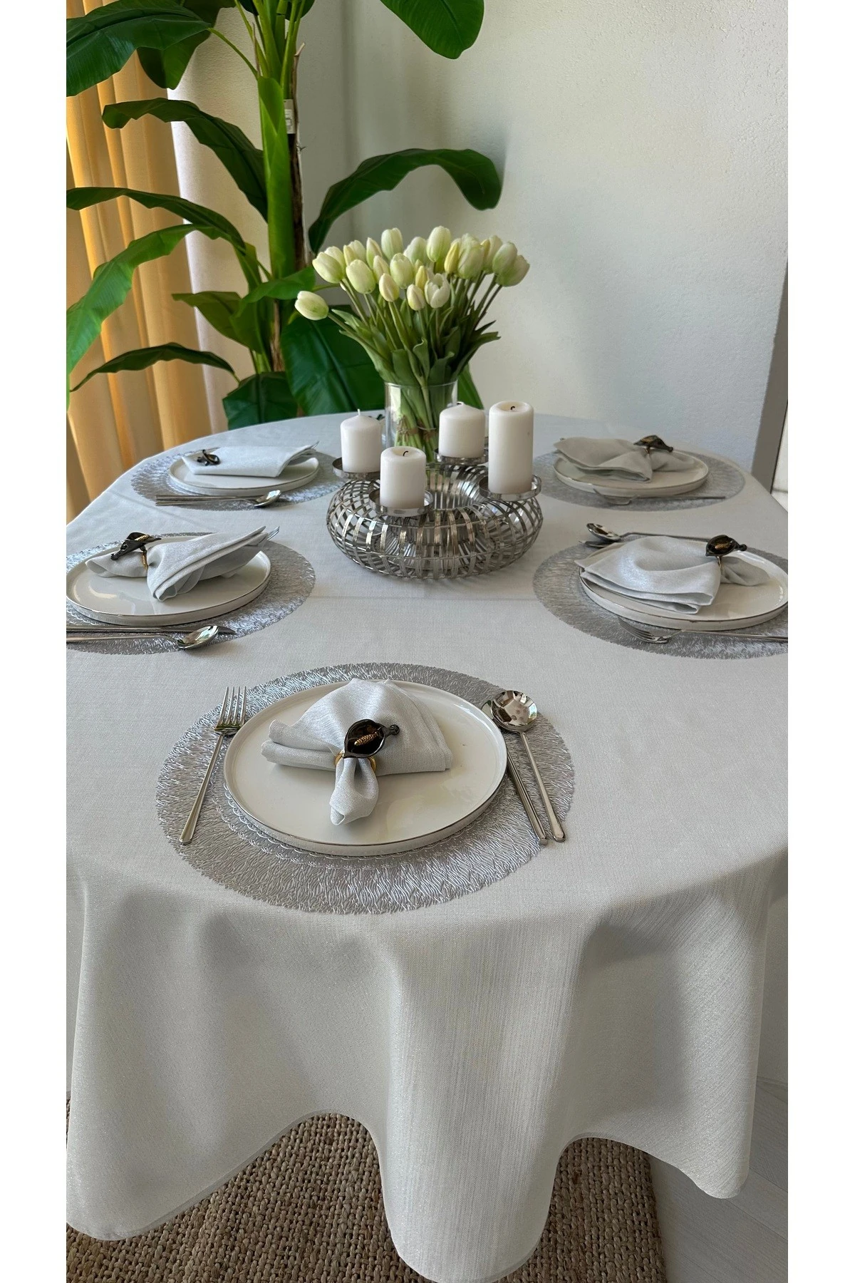 Keten Doku Simli, Simsiz Oval Masa Örtüsü - 5