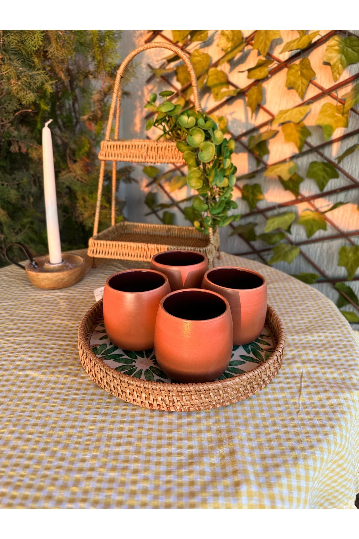 Sedefli Rattan Yeşil Yuvarlak Tepsi Büyük Boy