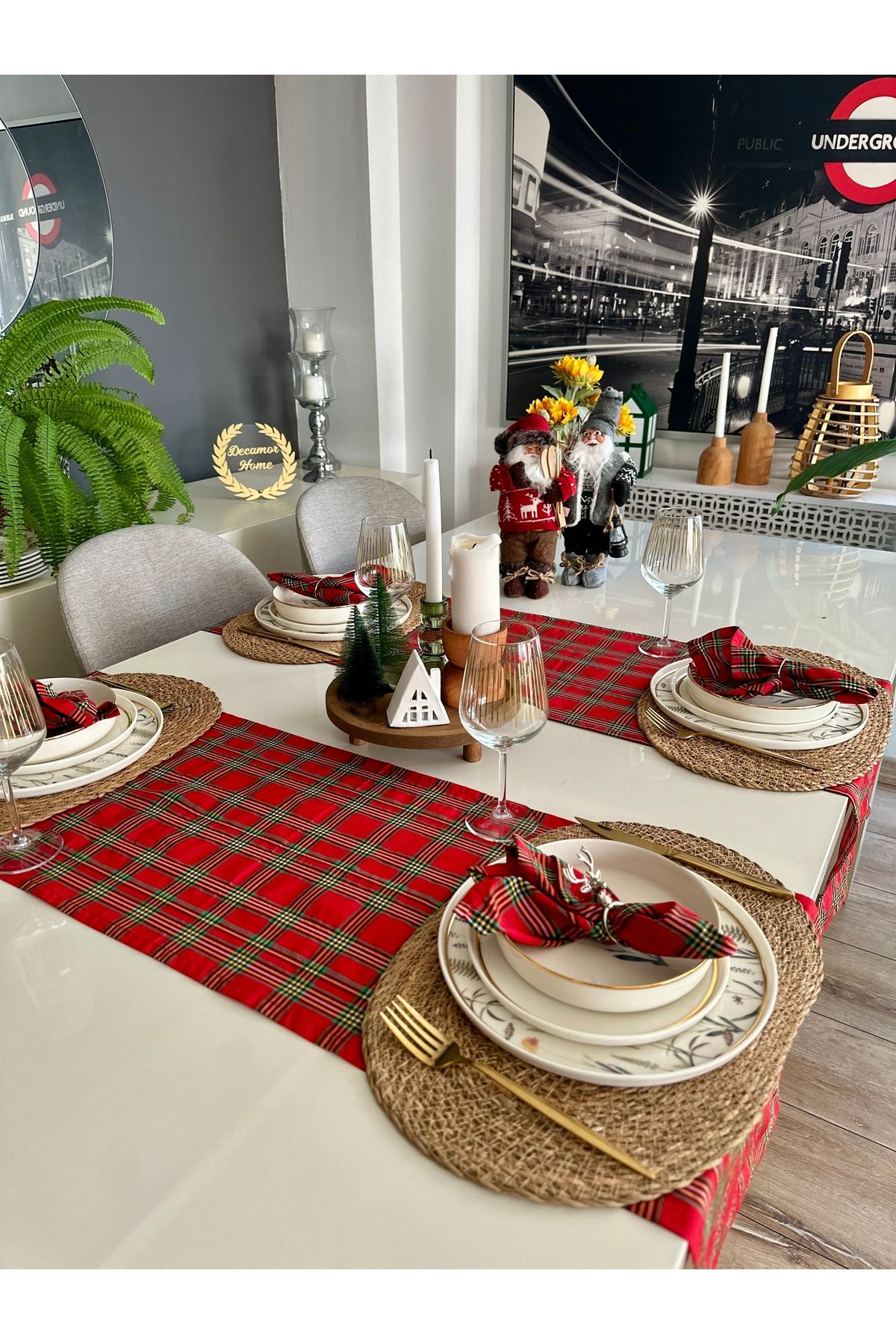 Ekose Desen Pamuklu Kısa Runner Yeni Yıl Runner