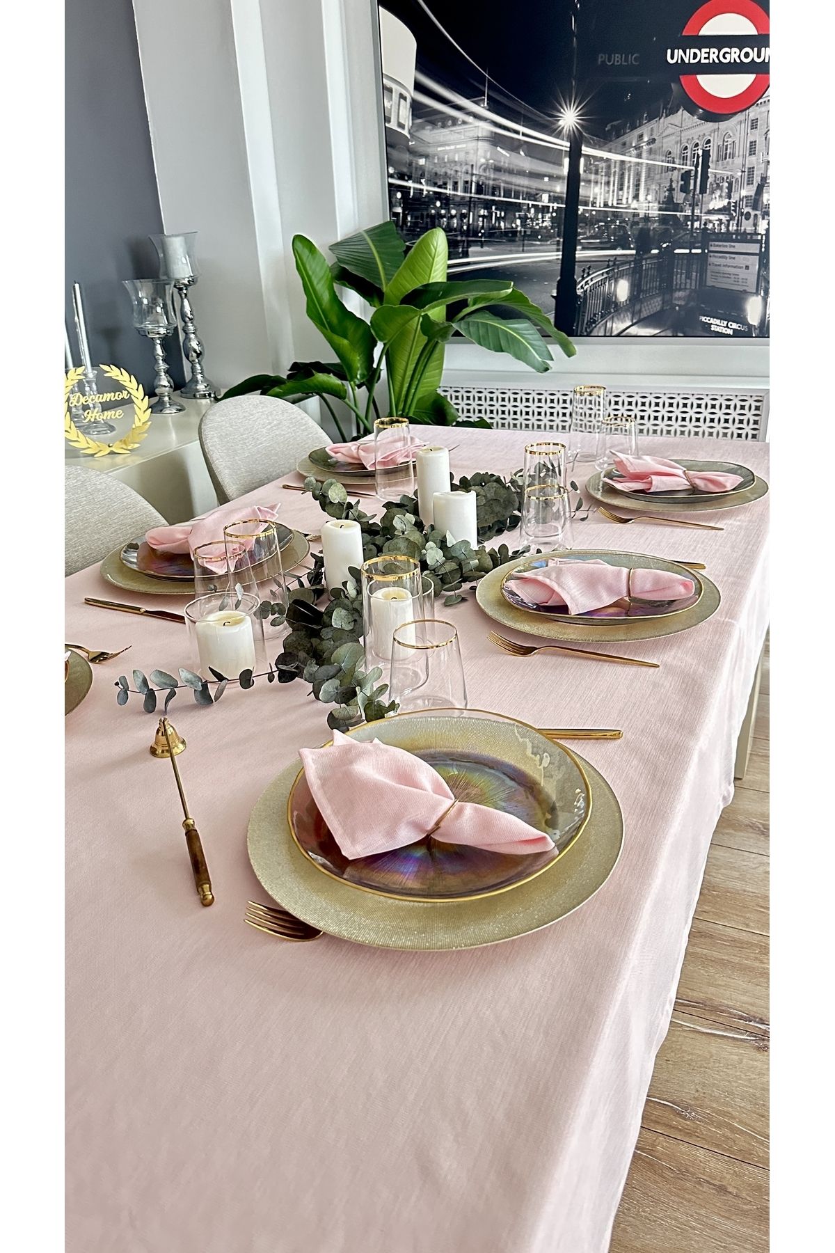 Keten Dokulu Simli Şeker Pembe Masa Örtüsü