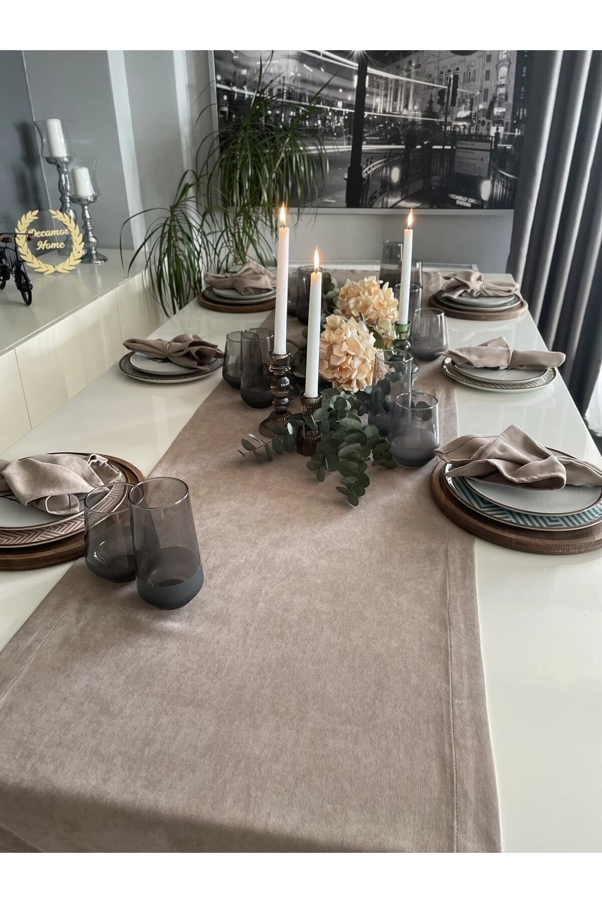 Kadife Dokulu Dertsiz Sütlü Kahve Uzun Runner