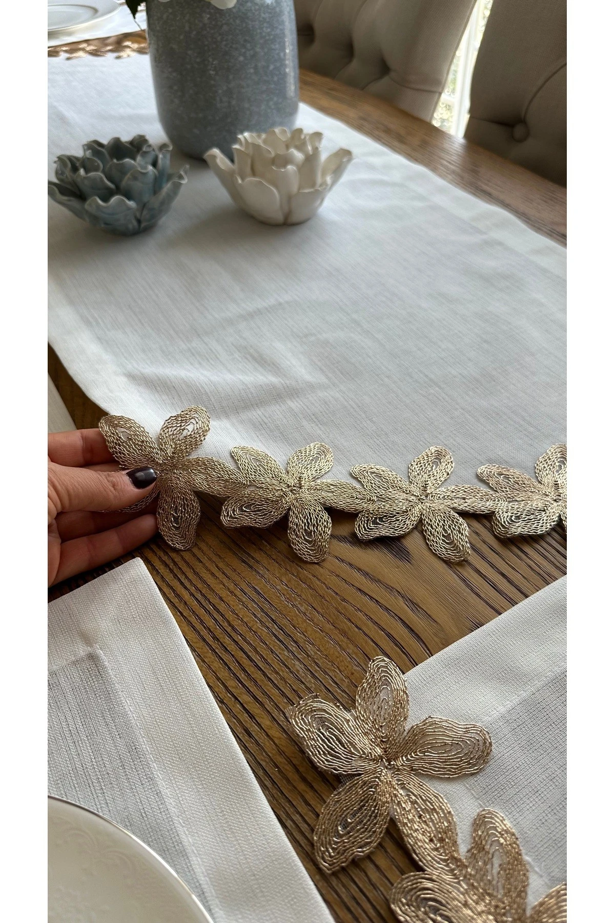 Bakır Dantel Detaylı Beyaz Amerikan Servis Seti 6 kişilik 7 prç