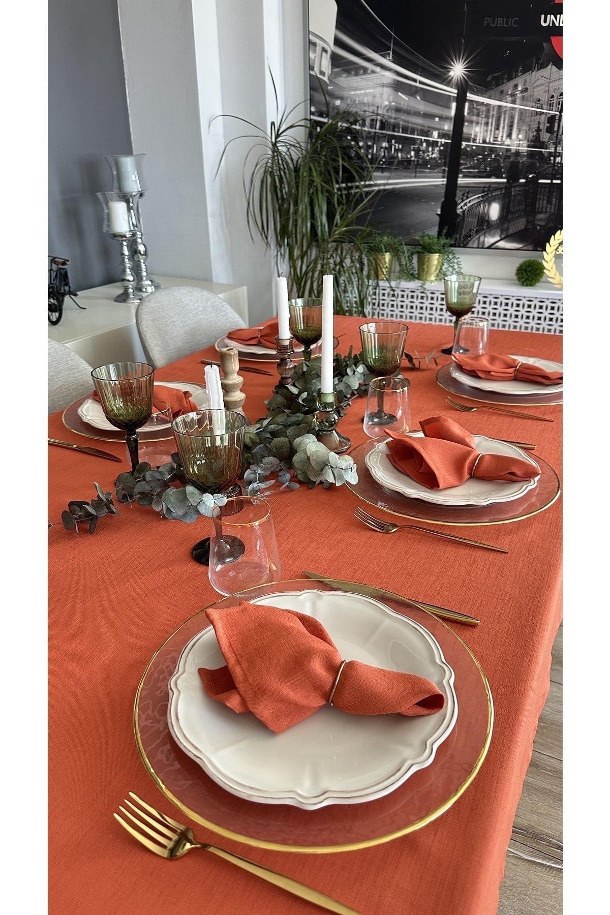 Keten Dokulu Dertsiz Kiremit Yanık Turuncu Tarçın Masa Örtüsü