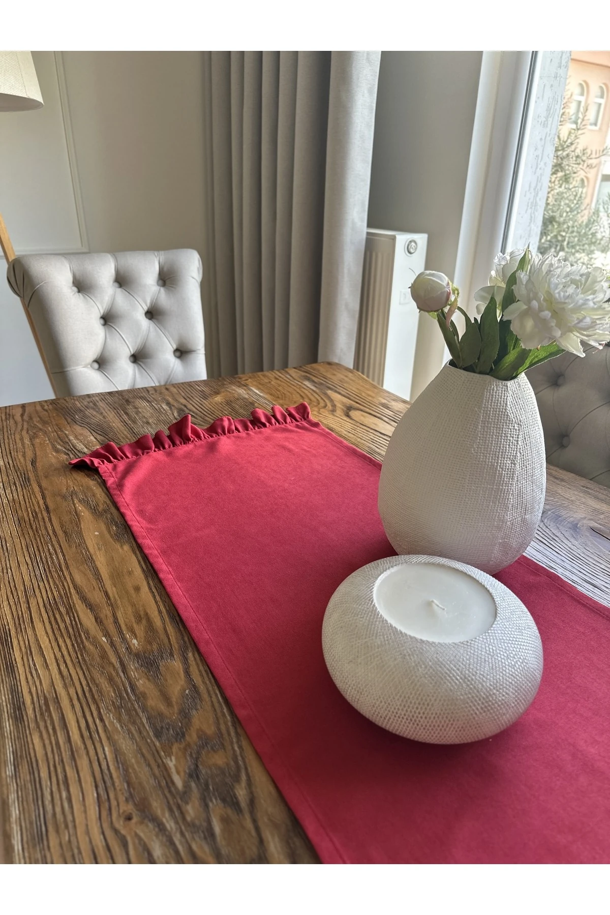 Vintage Tek Kat Fırfırlı Kırmızı Runner Yeni Yıl Runner Yılbaşı Leke Tutmaz