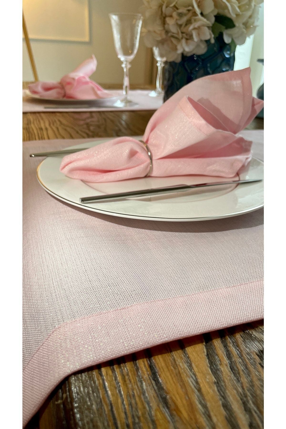 Keten Dokulu Simli Şeker Pembe Peçete 6 Adet