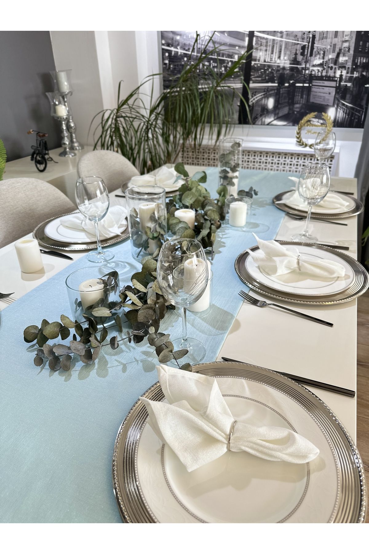 Keten Dokulu Simli Mint Yeşili Uzun Runner