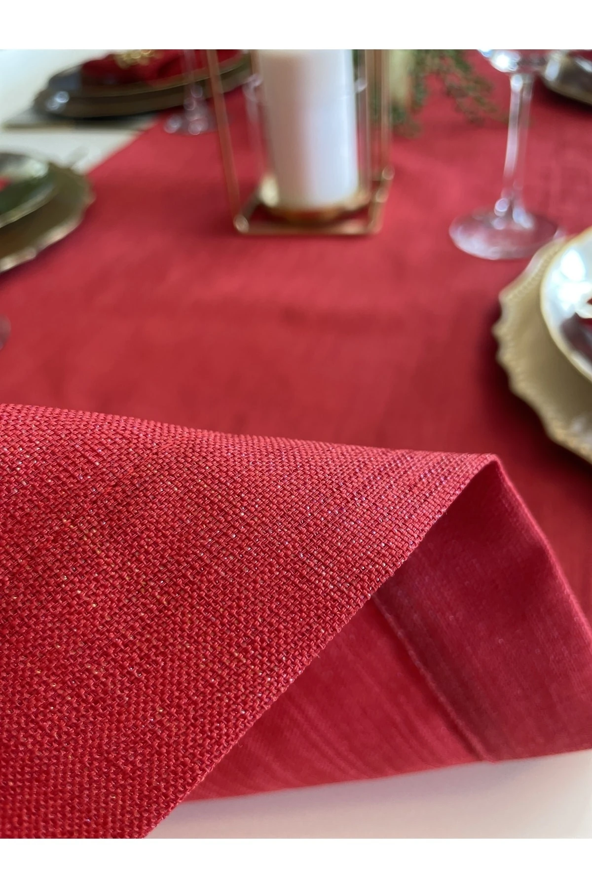 Keten Dokulu Simli Kırmızı Runner Yılbaşı Runner