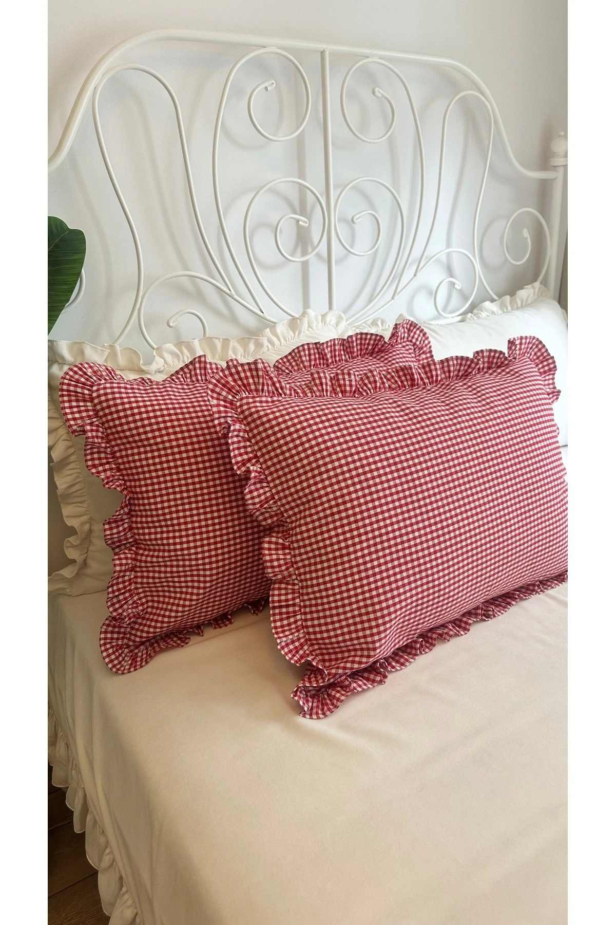 2 li Büyük Boy Keten Kırmızı Beyaz Mini Pötikare Yastık Kılıfı