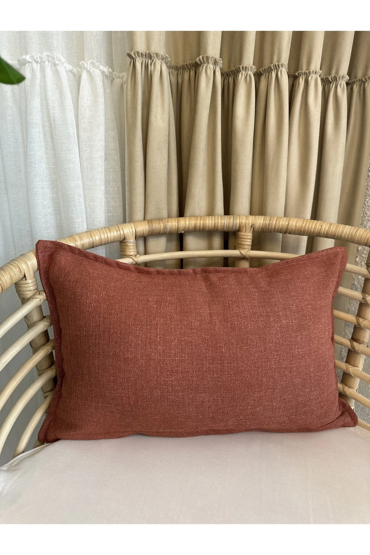 Kiremit Rengi Keten Dokulu Kırlent Kılıfı 1 ad