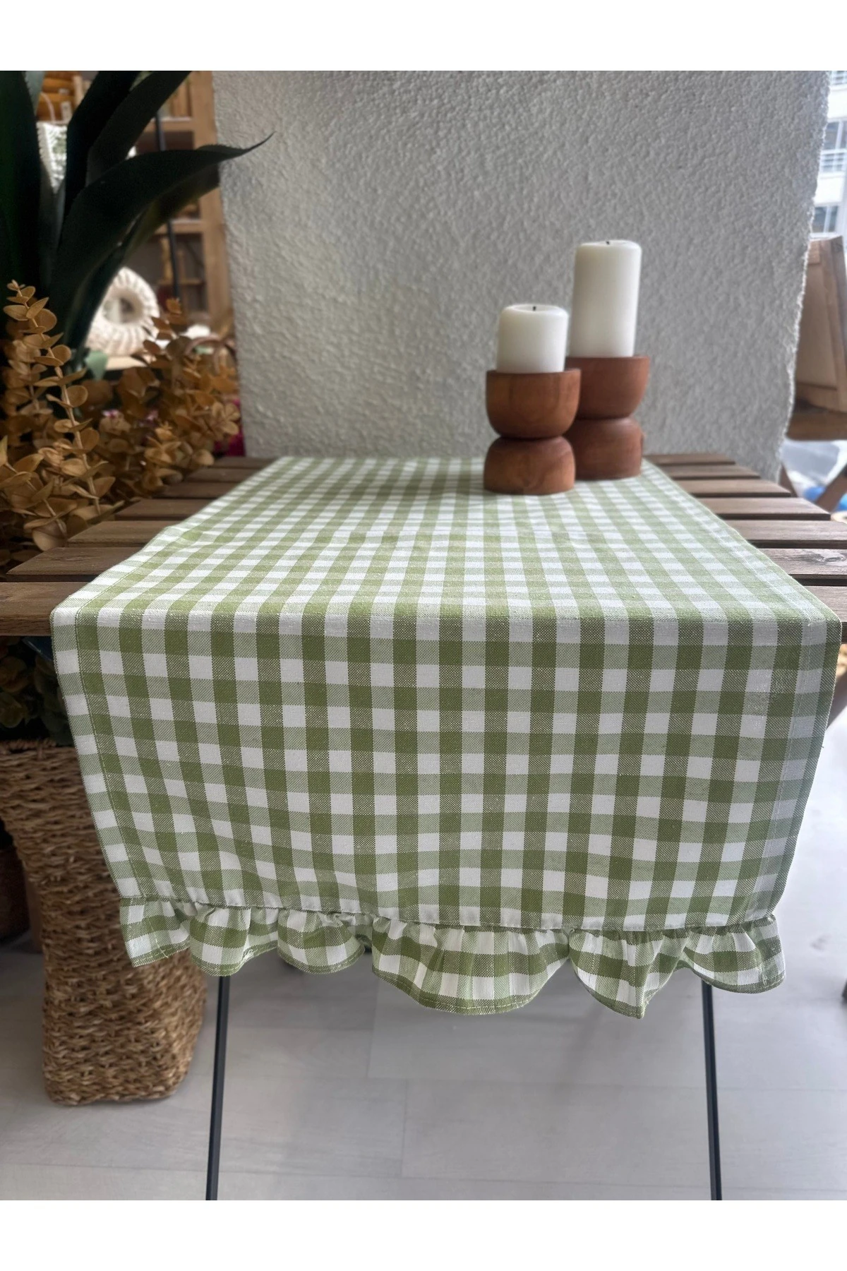 Vintage Fırfırlı Pötikareli Keten Runner