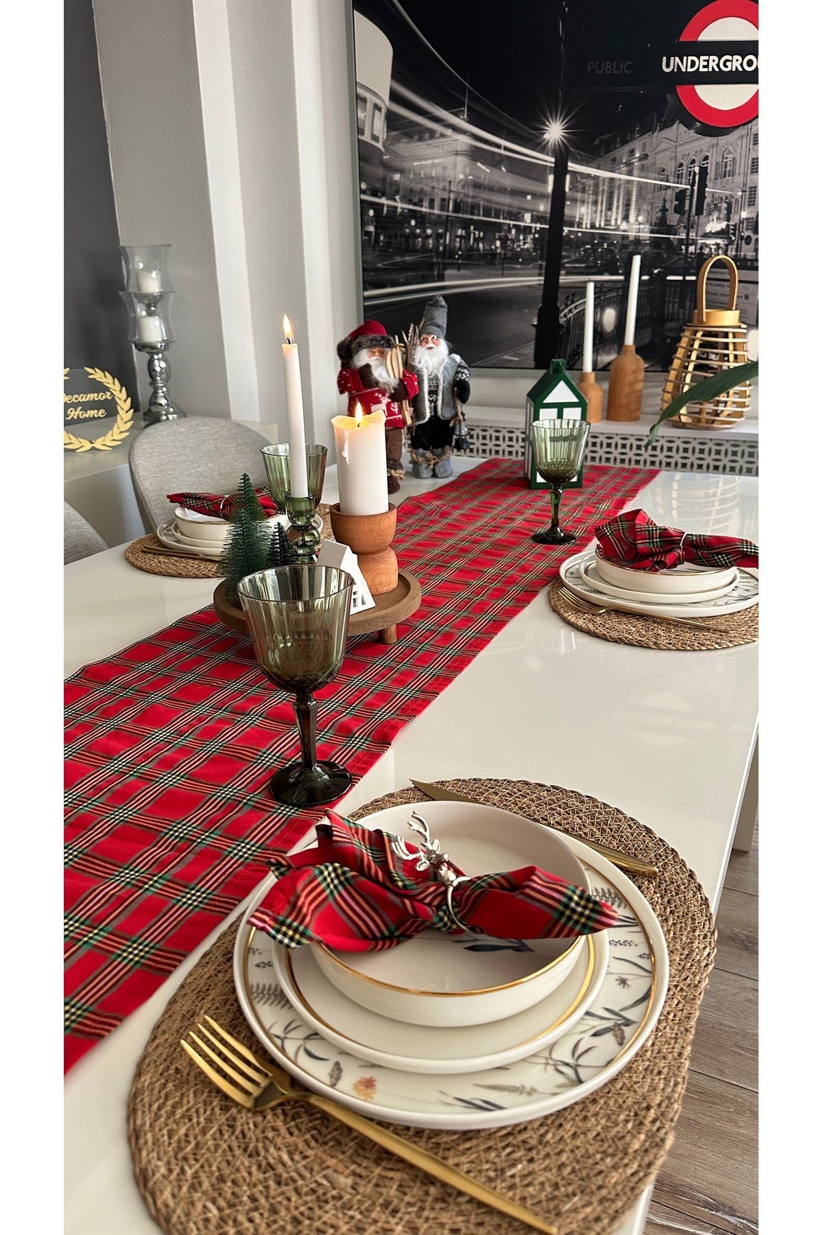 Runner ve Peçete Set Yeni Yıl Temalı Ekose Desen Pamuklu Uzun Runner