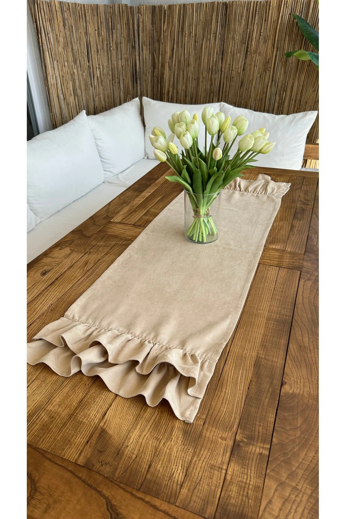 Vintage Kadife Dokulu Dertsiz Çift Kat Fırfırlı Bej Runner