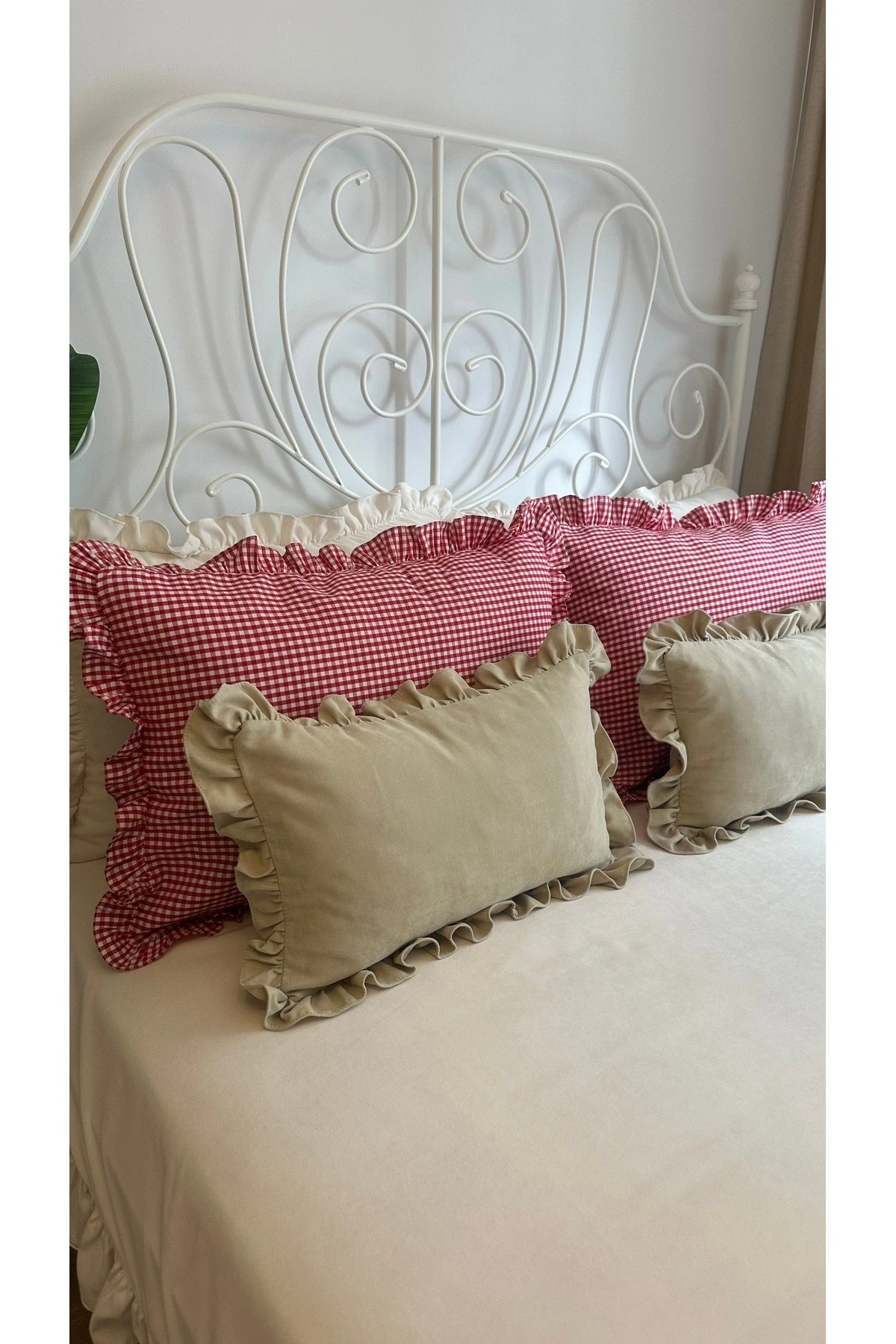 2 li Büyük Boy Keten Kırmızı Beyaz Mini Pötikare Yastık Kılıfı