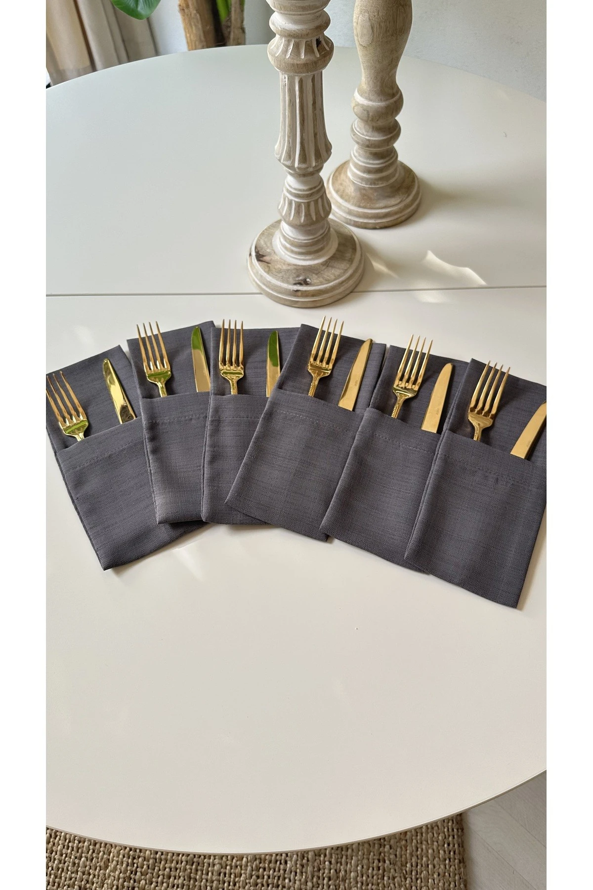 6 ad Keten Dokulu Füme Gri Kaşıklık 10 x 24 cm