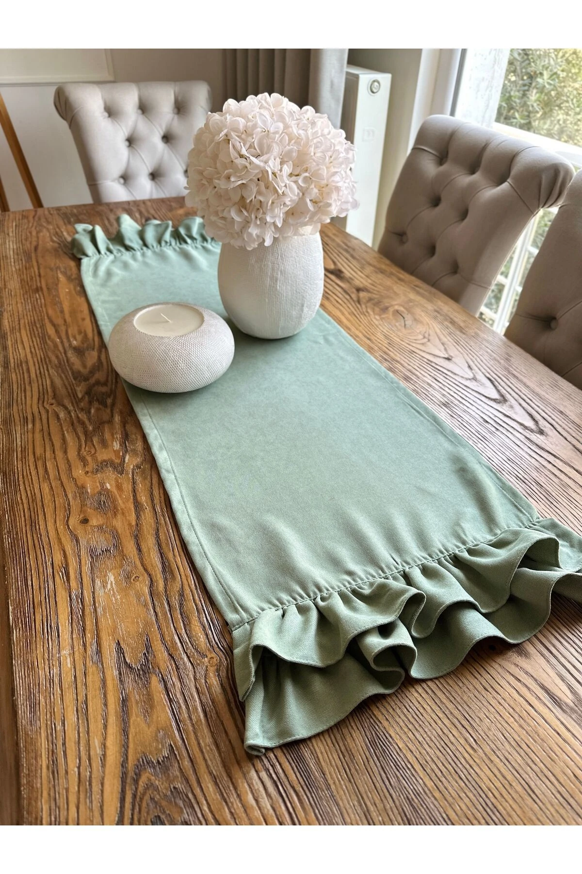 Vintage Kadife Dokulu Dertsiz Çift Fırfırlı Yeşil Runner