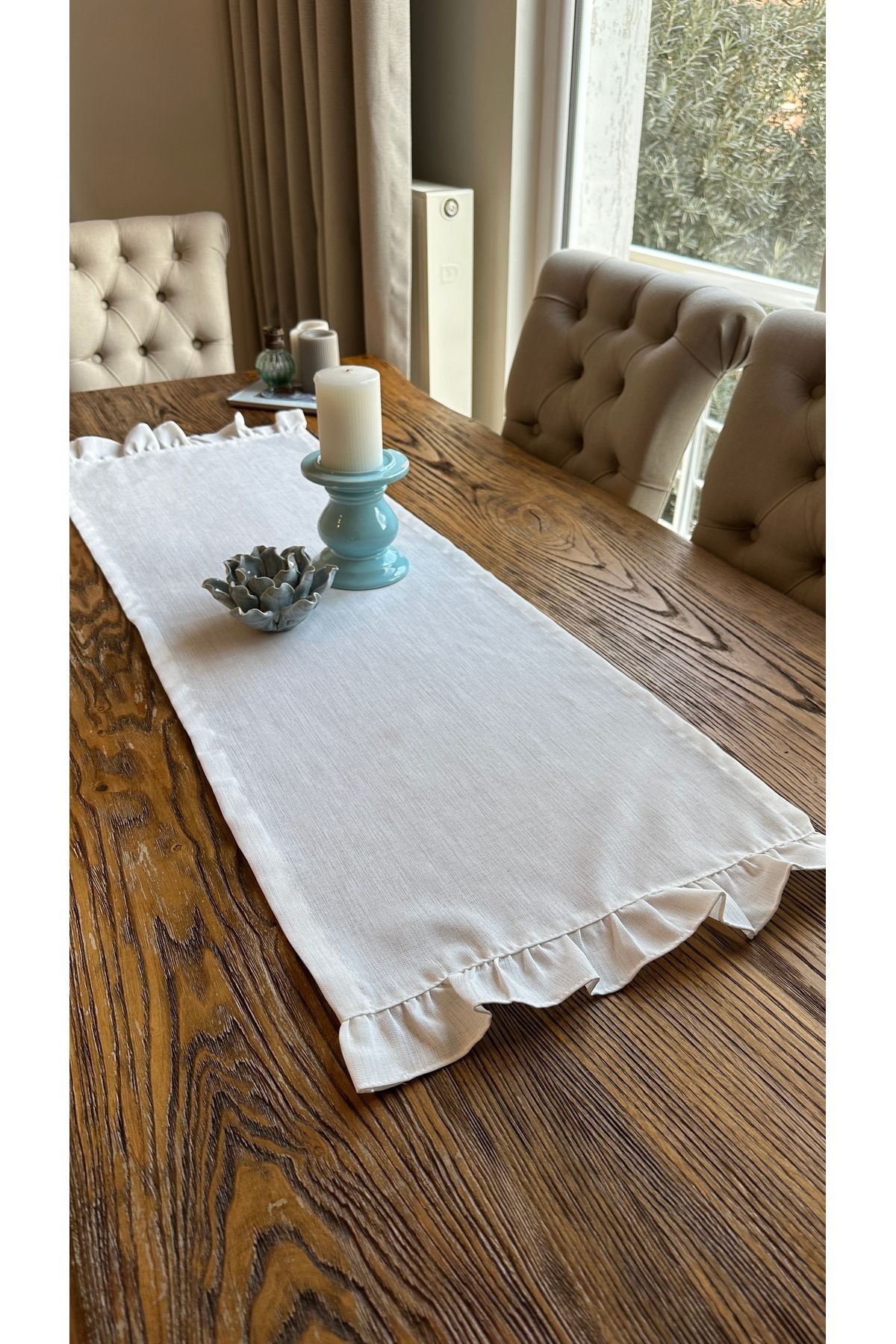 Keten Dokulu Dertsiz Beyaz Fırfırlı Runner