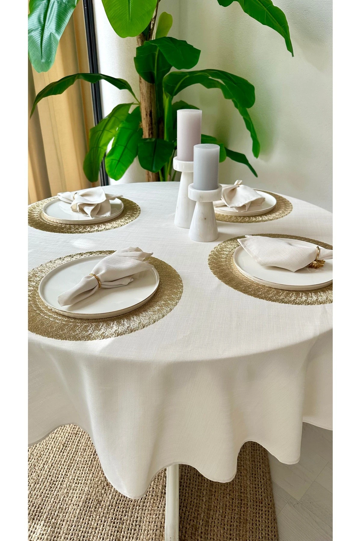 Keten Dokulu Yuvarlak Masa Örtüsü Düz Model - 5
