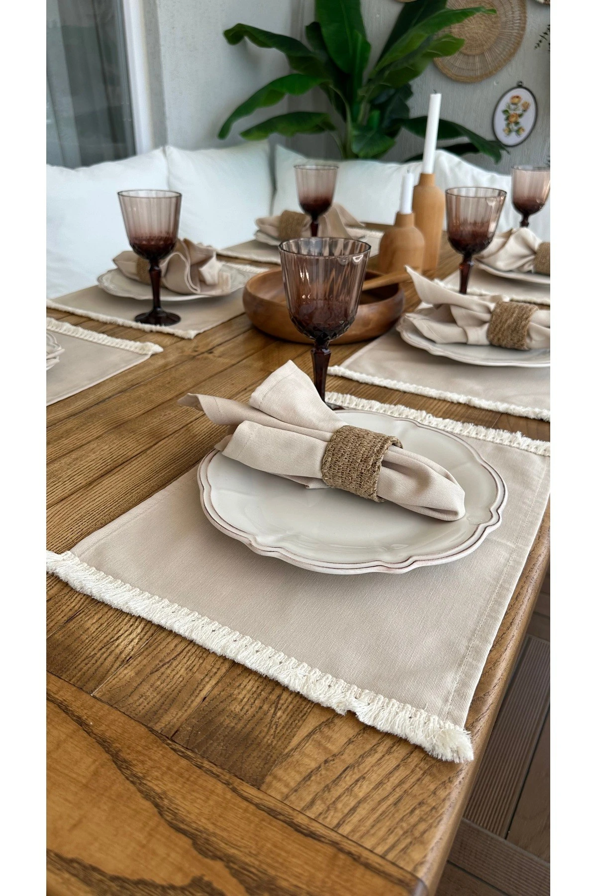 6 ad Püsküllü Bej Amerikan Servis Sunumu Leke Tutmaz