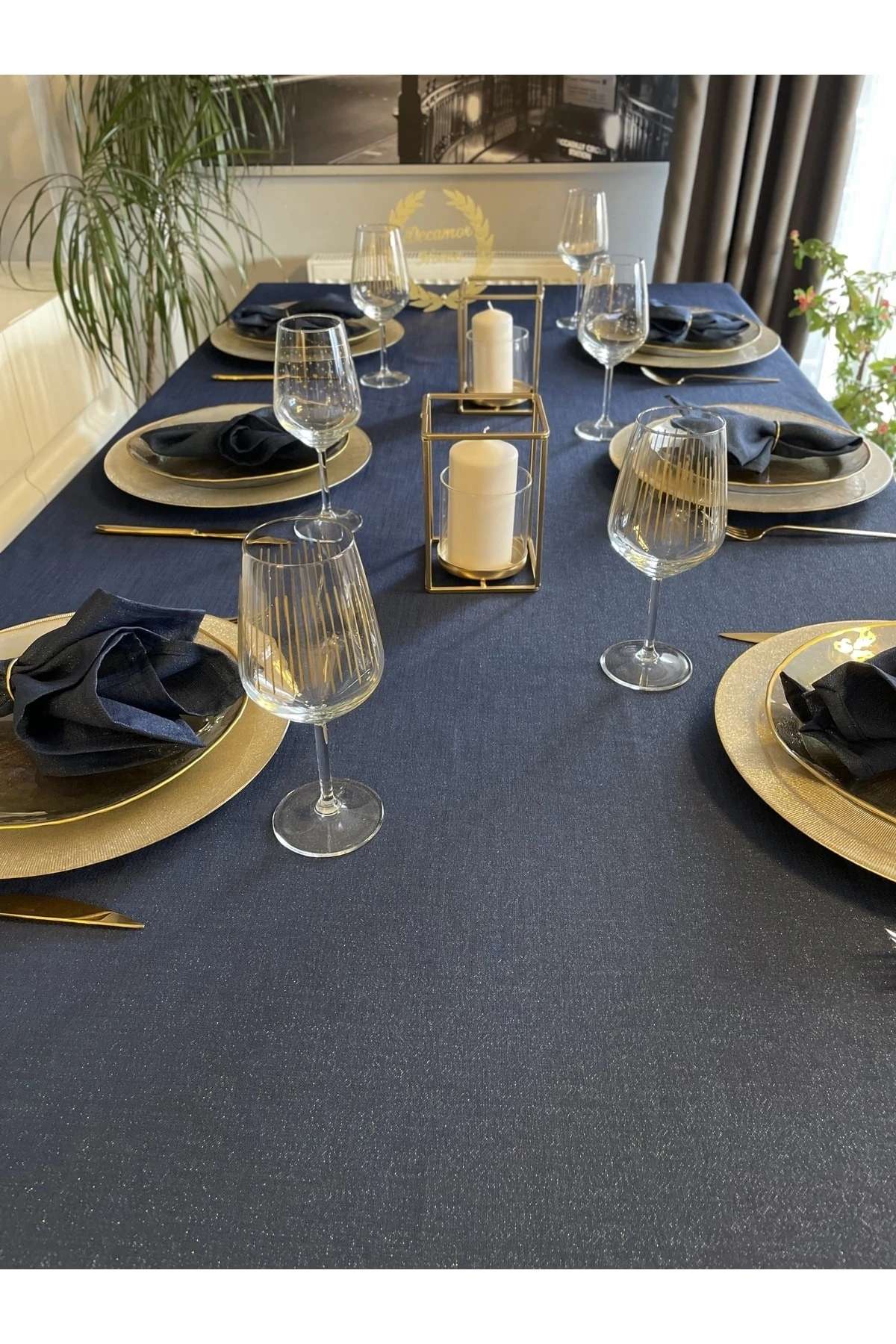 Keten Dokulu Simli Masa Örtüsü Düz Model