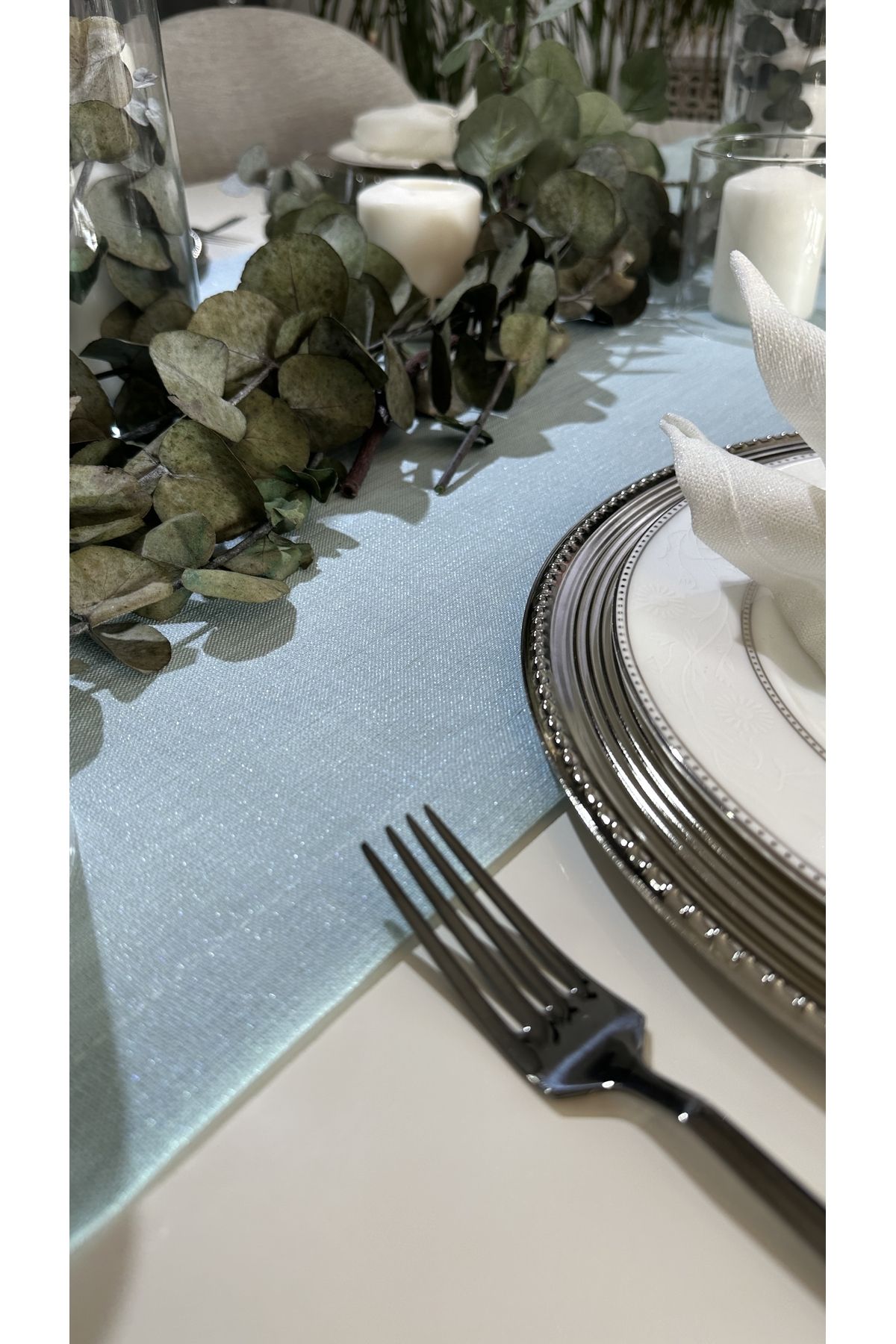 Keten Dokulu Simli Mint Yeşili Uzun Runner