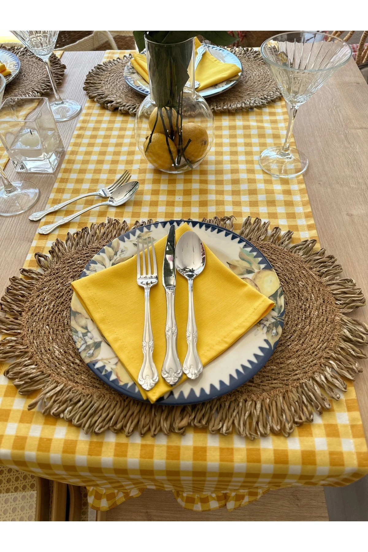 6 ad Set Oval Fırfırlı Hasır Supla ve 6 ad Hasır Peçete Yüzüğü